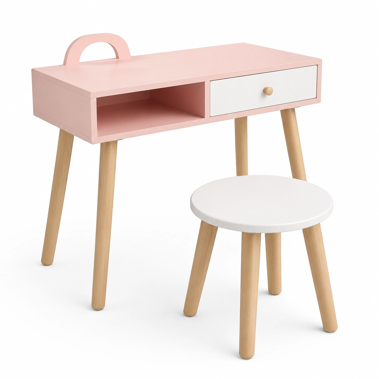 Escritorio rosa con cajon y taburete