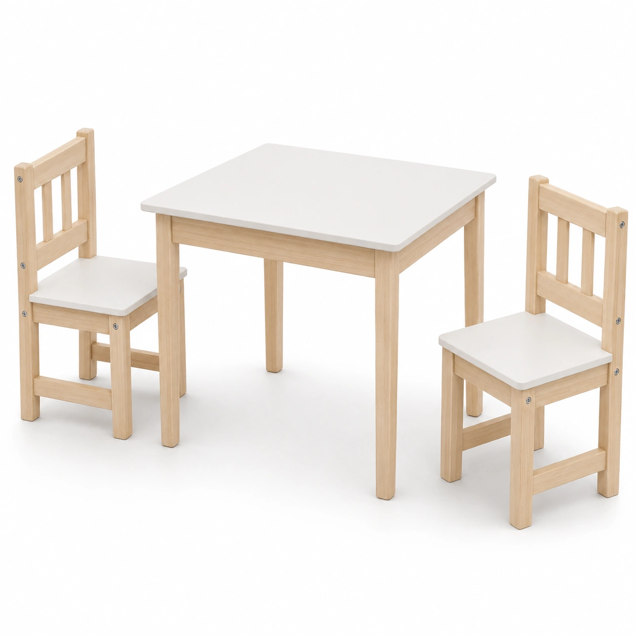 Conjunto de mesa cuadrada con dos sillas color blanco madera