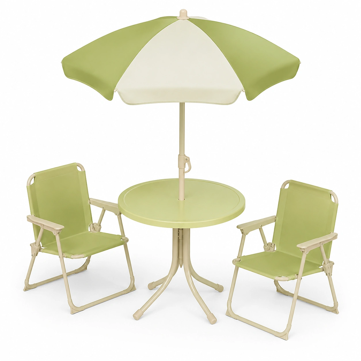 Conjunto de mesa, sillas y sombrilla para patio color verde