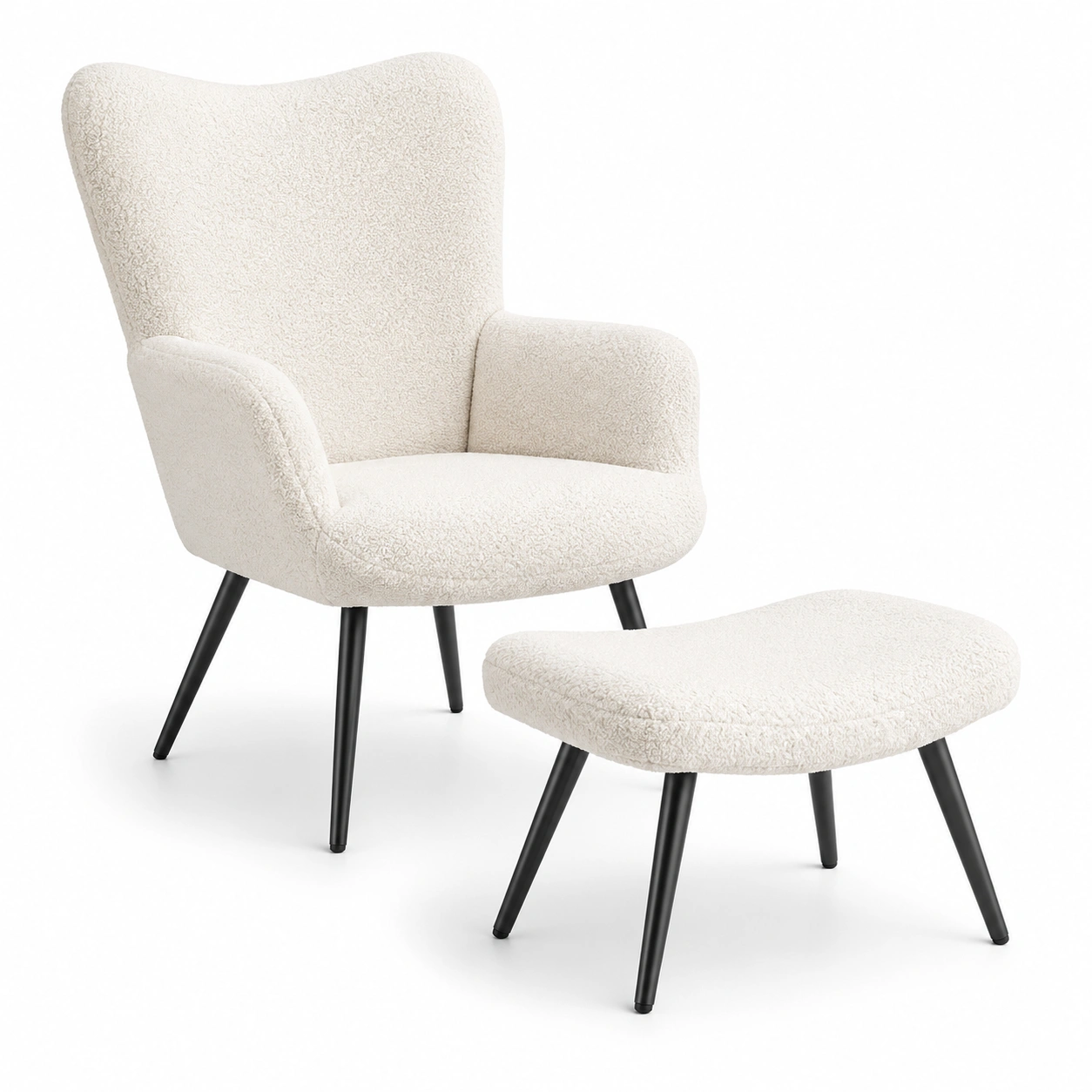 Conjunto de sillon tapizado color marfil con reposapies