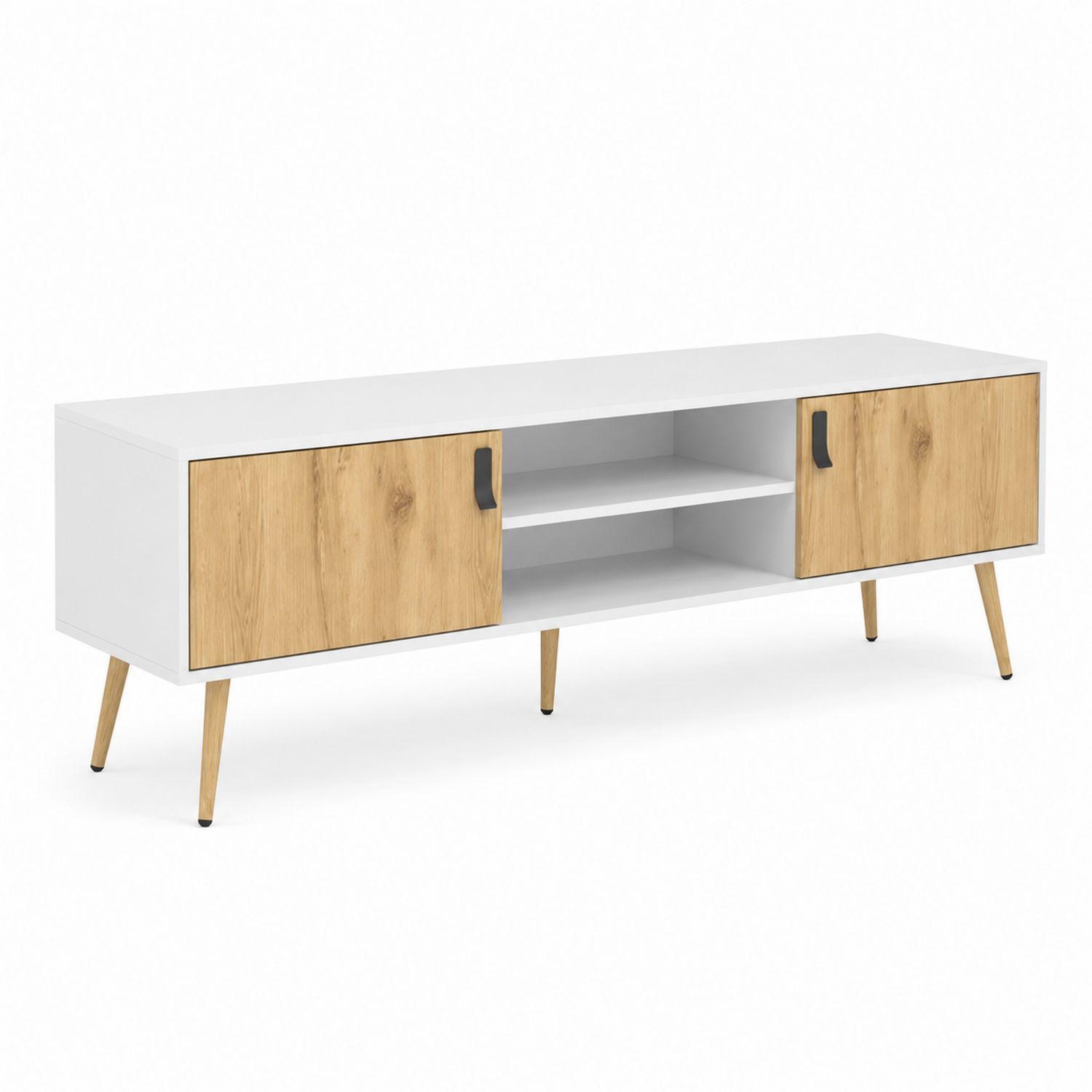 Meuble TV en bois MDF blanc et chêne naturel avec portes-Zenloftch
