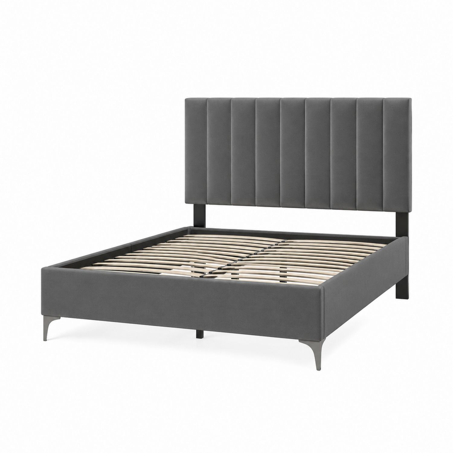 Lit Double en Velours Gris avec Structure en Bois et Pieds en Métal-Zenloftch