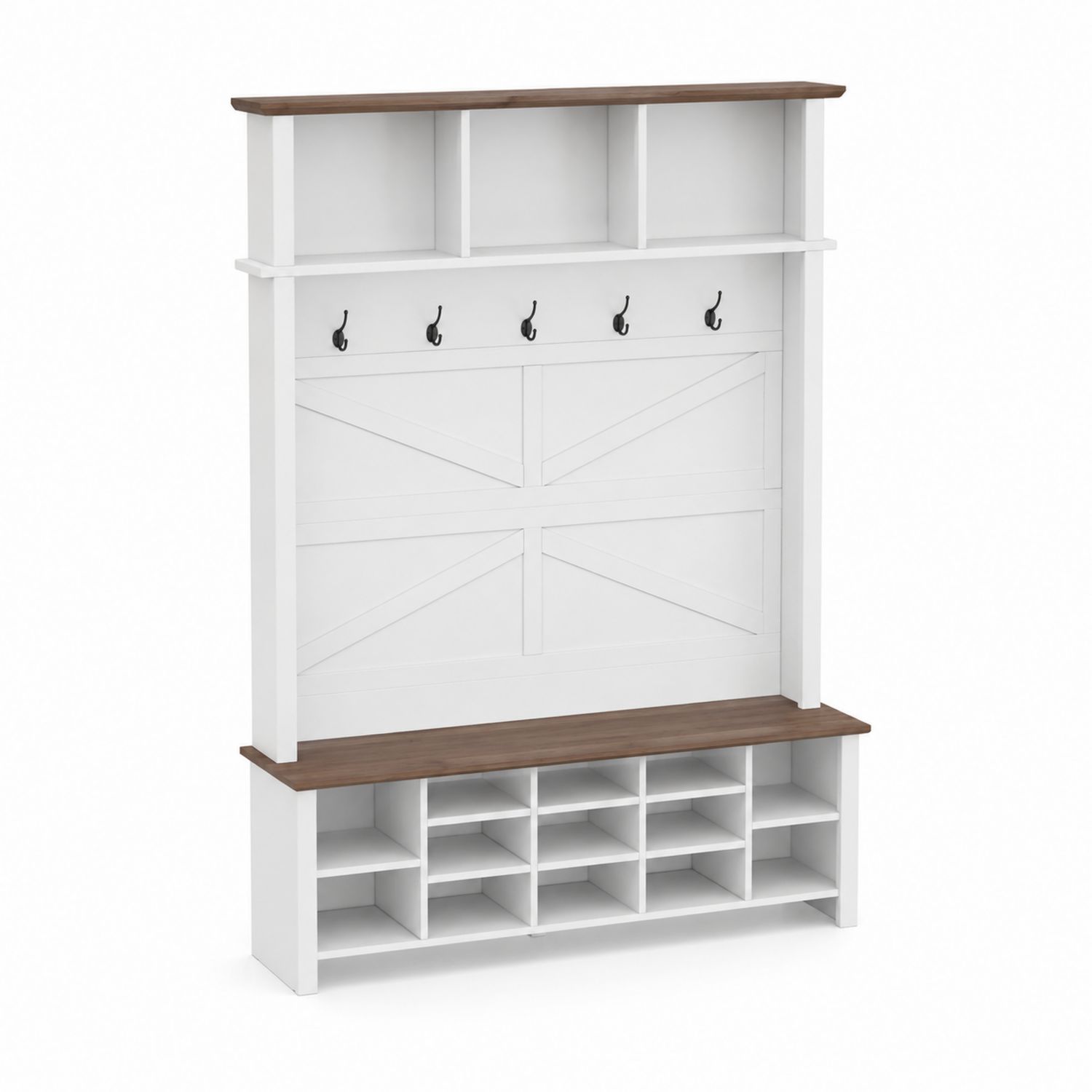 Porte-manteau avec banc et étagères en bois Blanc/Noyer-Zenloftch