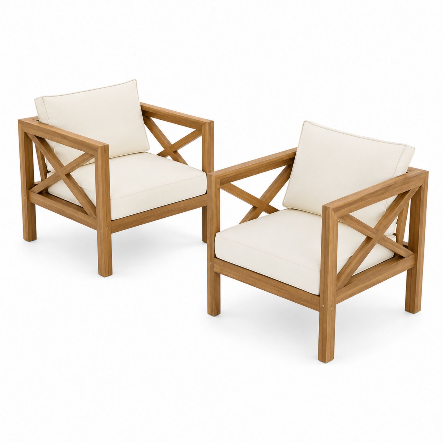 Lot de 2 fauteuils extérieurs en bois avec coussins en polyester crème-Zenloftch