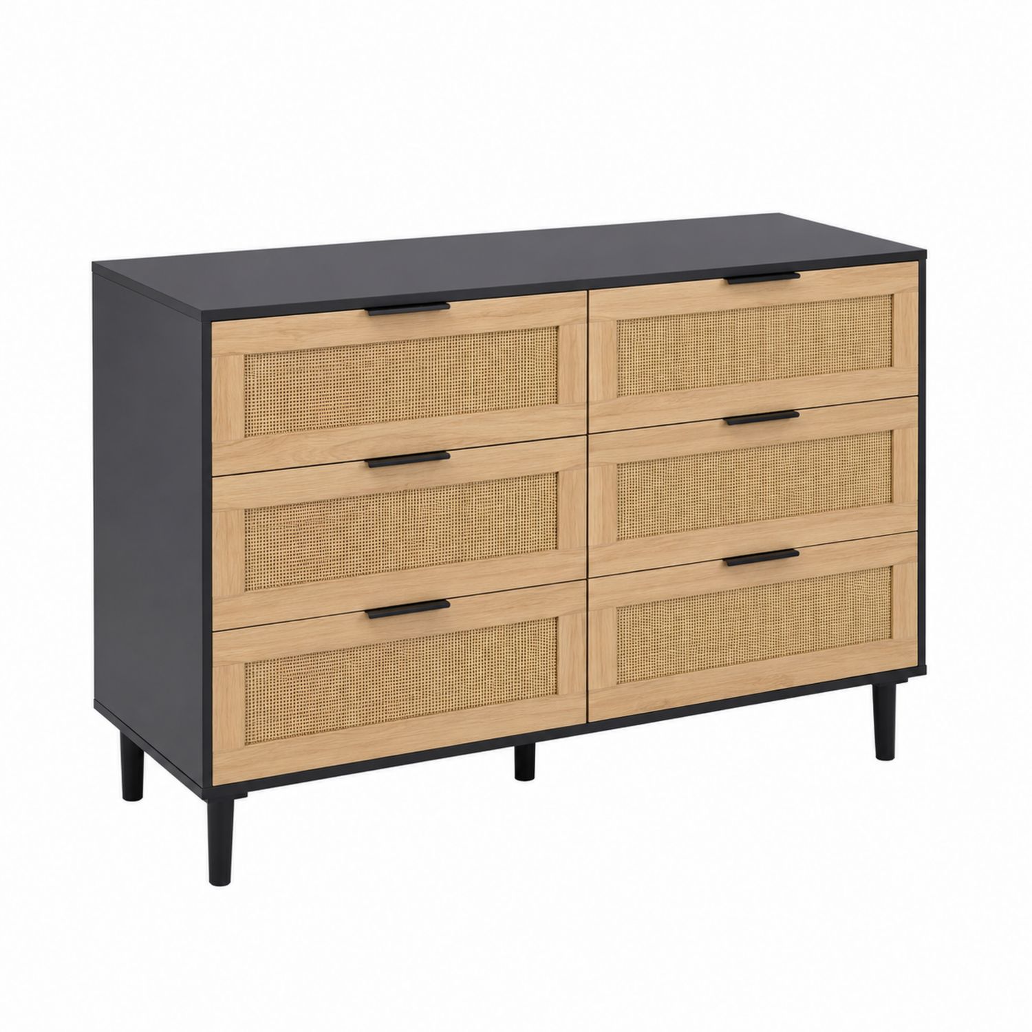 Commode 6 tiroirs en bois clair et rotin avec structure en métal noir-Zenloftch