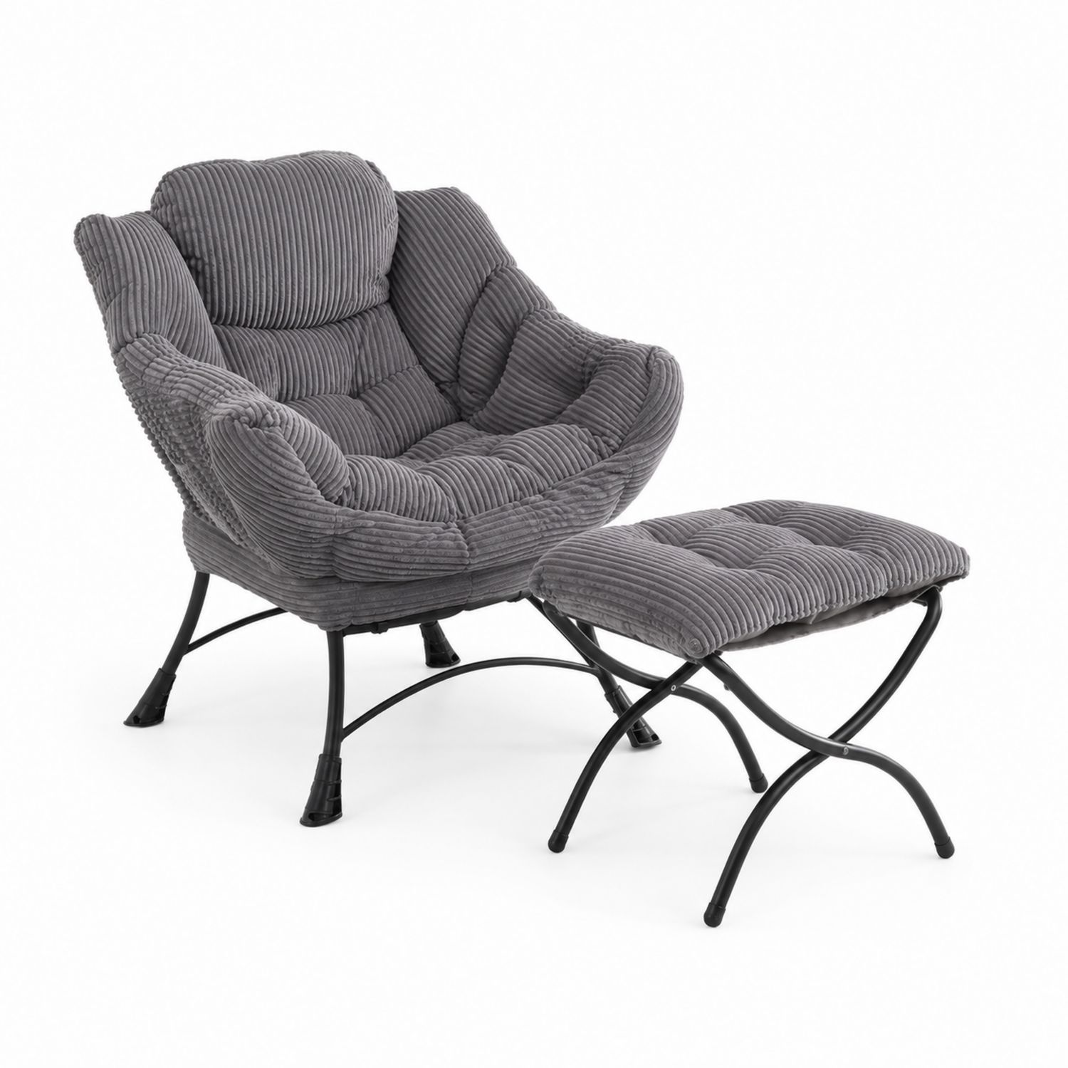 Fauteuil en métal avec repose-pieds en tissu côtelé Gris-Zenloftch