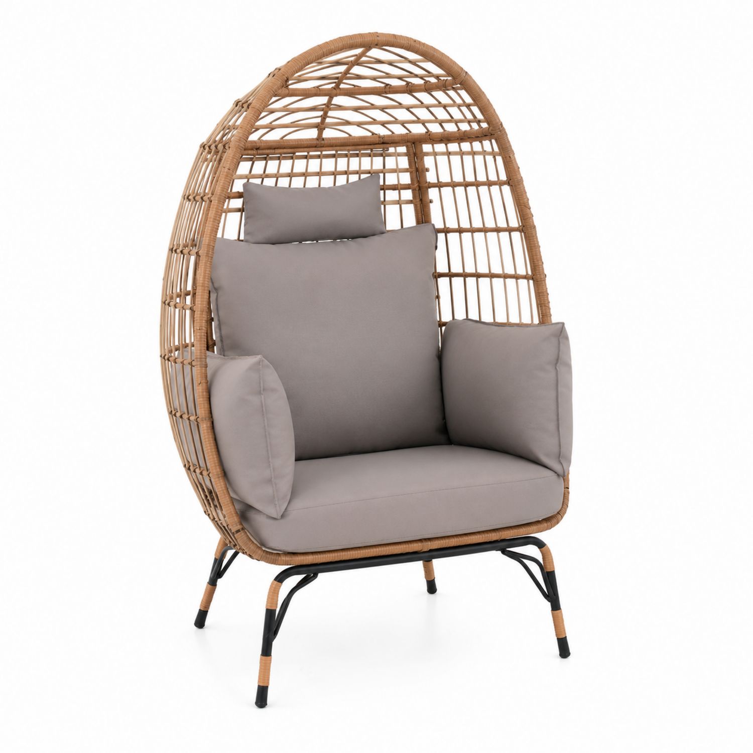 Fauteuil en rotin avec coussins en tissu gris-Zenloftch