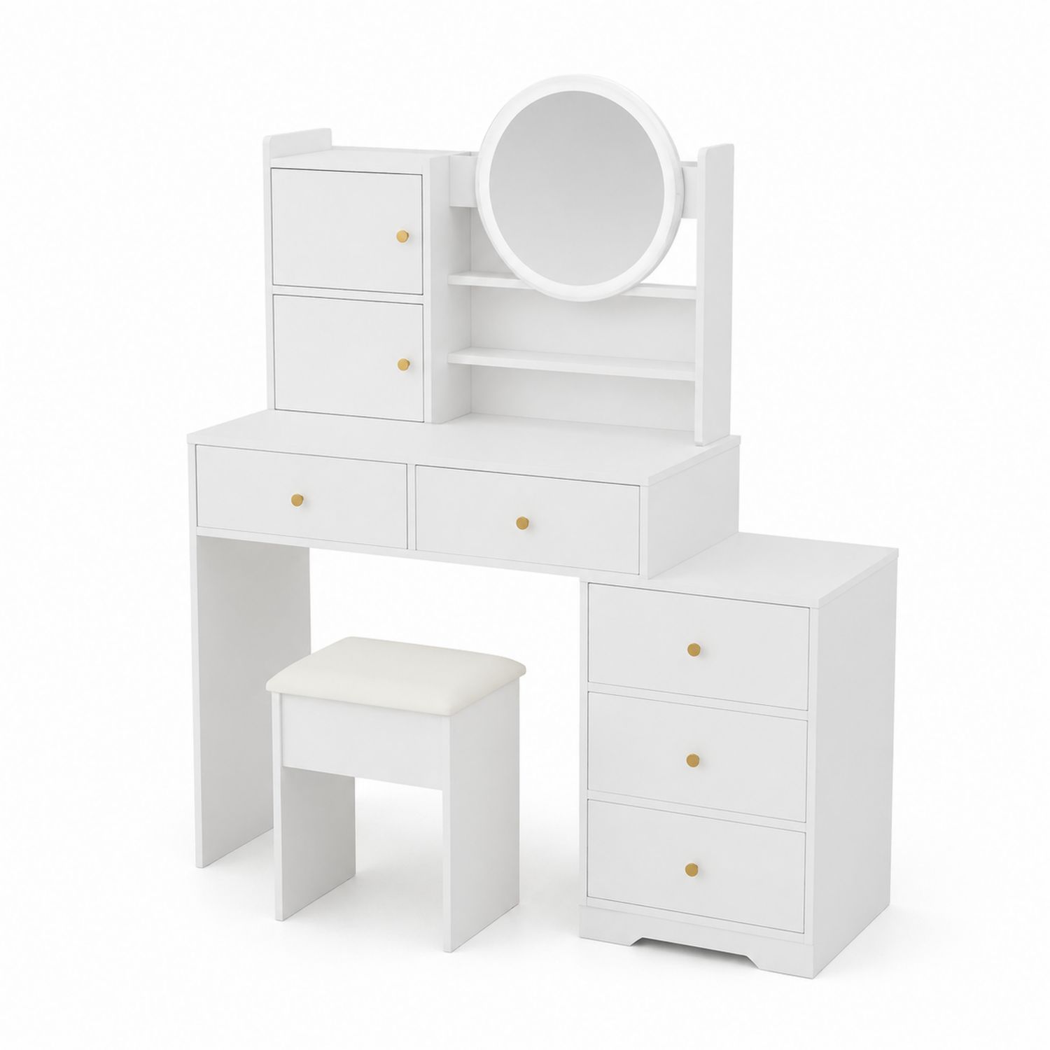 Coiffeuse avec miroir rond et tabouret, Bois, Blanc, 120x40x136 cm-Zenloftch