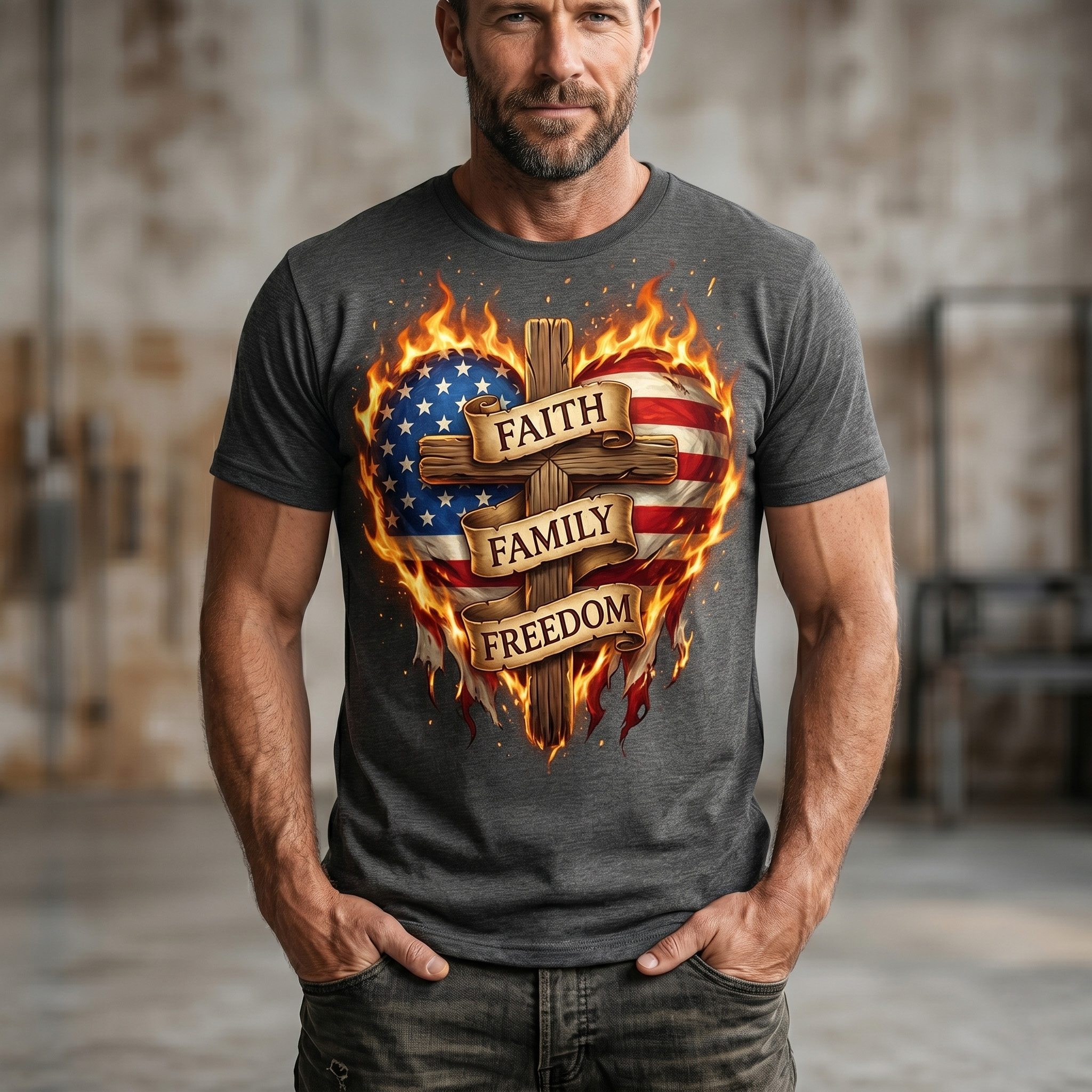 "Faith, Family, Freedom" Patriotic Cross T-Shirt