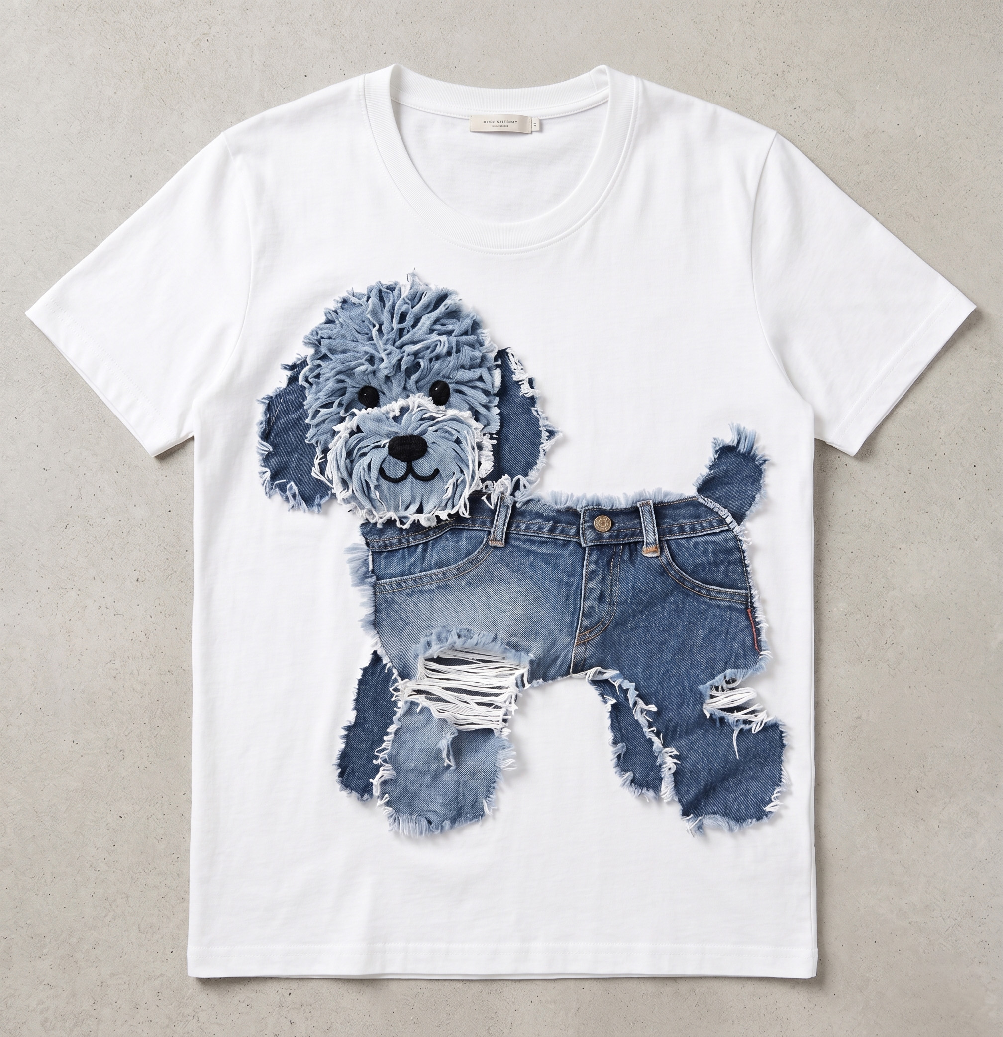 Distressed Denim Dog T-Shirt – Upcycled Jean Patch Graphic Tee