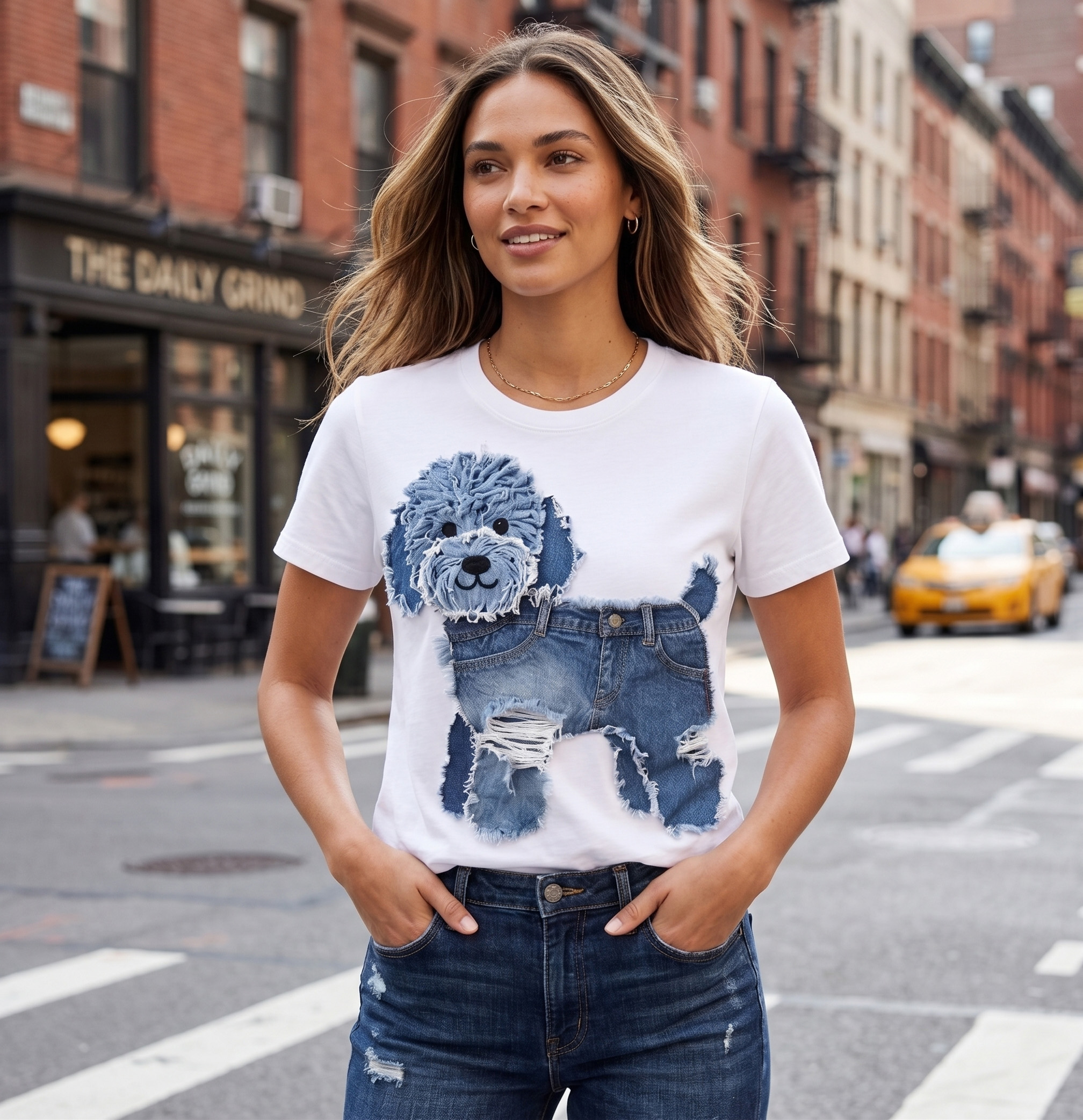 Distressed Denim Dog T-Shirt – Upcycled Jean Patch Graphic Tee