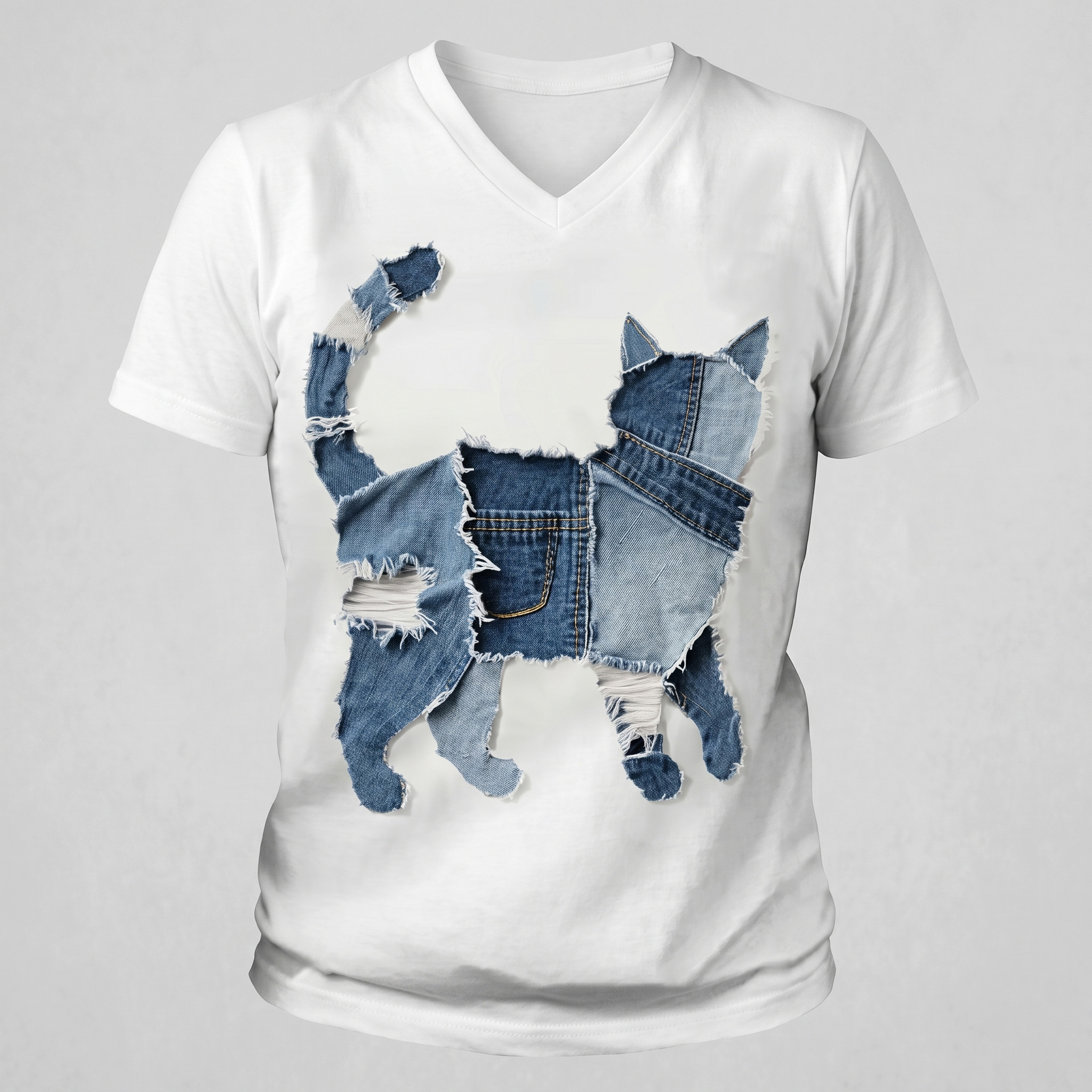 Distressed Denim Cat V-Neck T-Shirt – Upcycled Jean Patch Graphic Tee