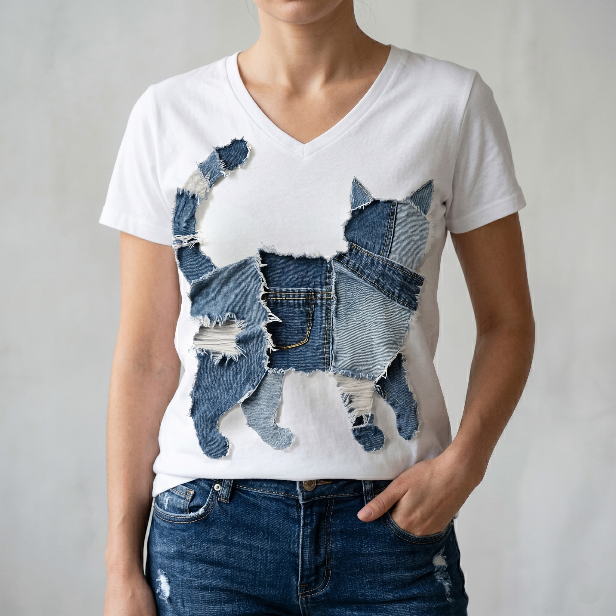 Distressed Denim Cat V-Neck T-Shirt – Upcycled Jean Patch Graphic Tee