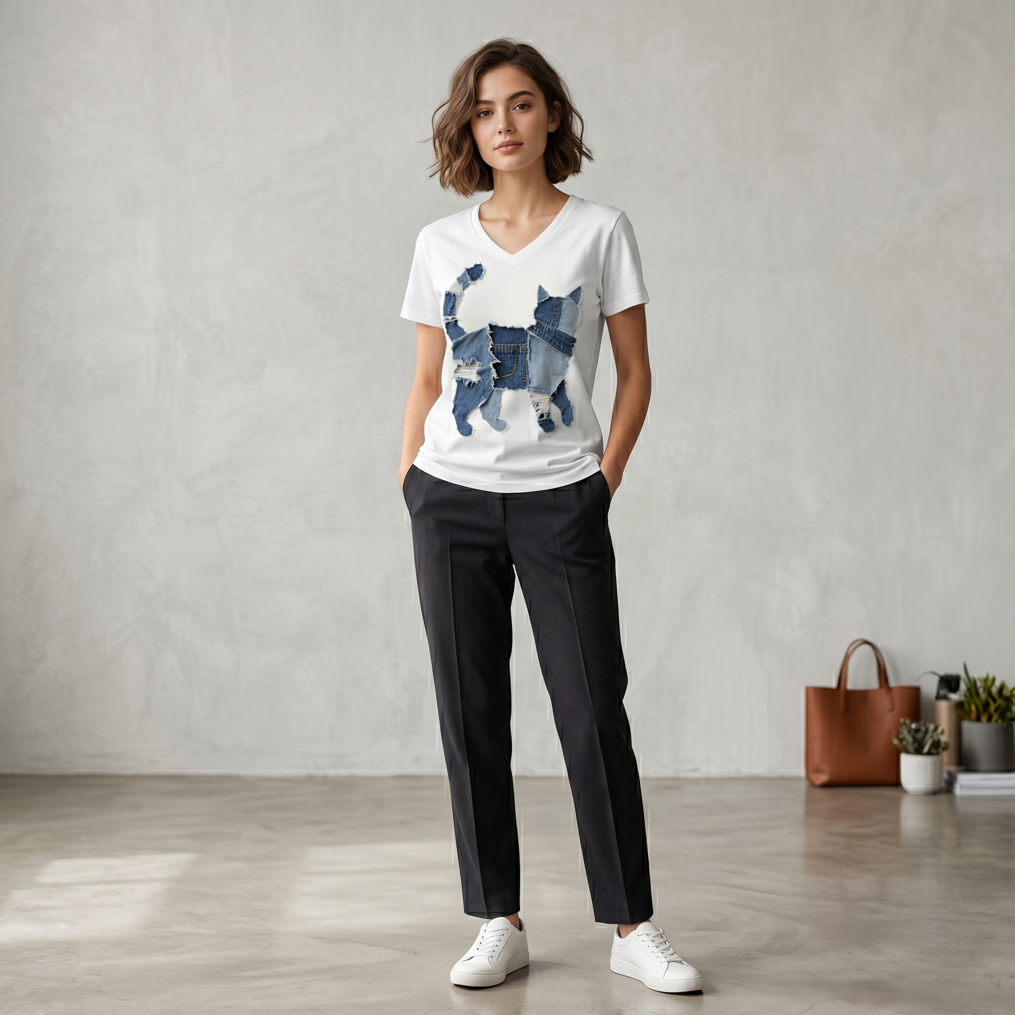 Distressed Denim Cat V-Neck T-Shirt – Upcycled Jean Patch Graphic Tee