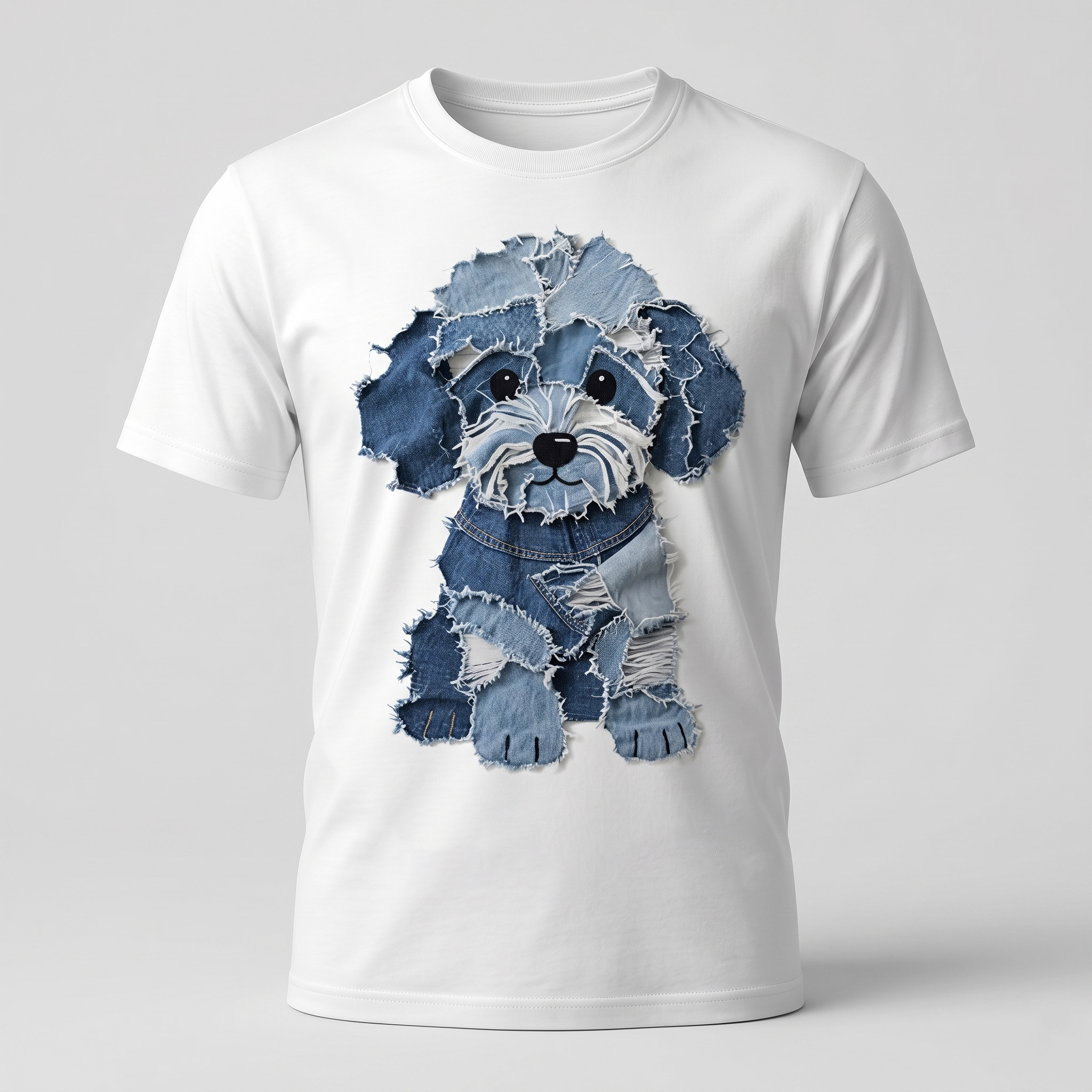 Distressed Denim Shaggy Dog T-Shirt – Upcycled Jean Patch Graphic Tee