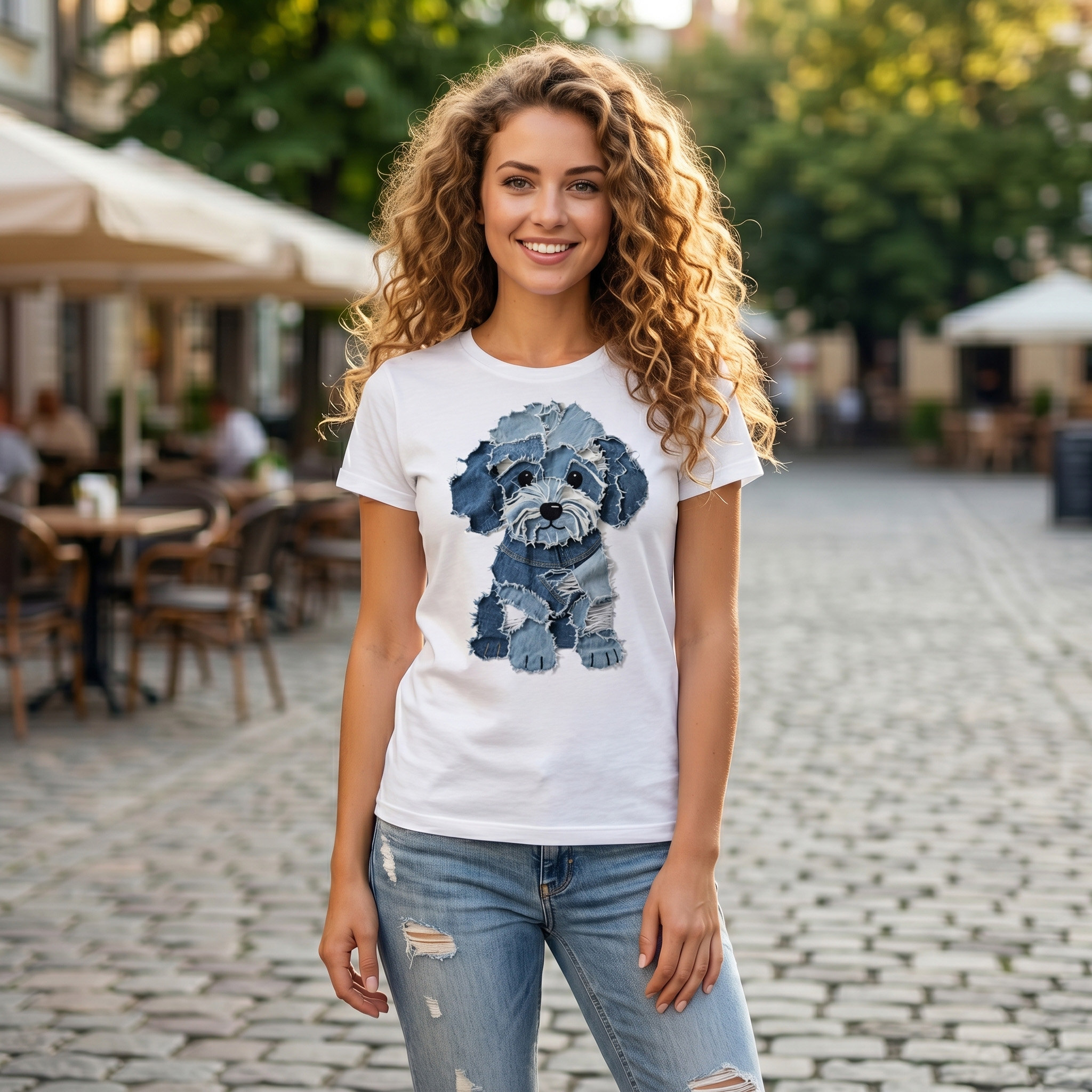 Distressed Denim Shaggy Dog T-Shirt – Upcycled Jean Patch Graphic Tee