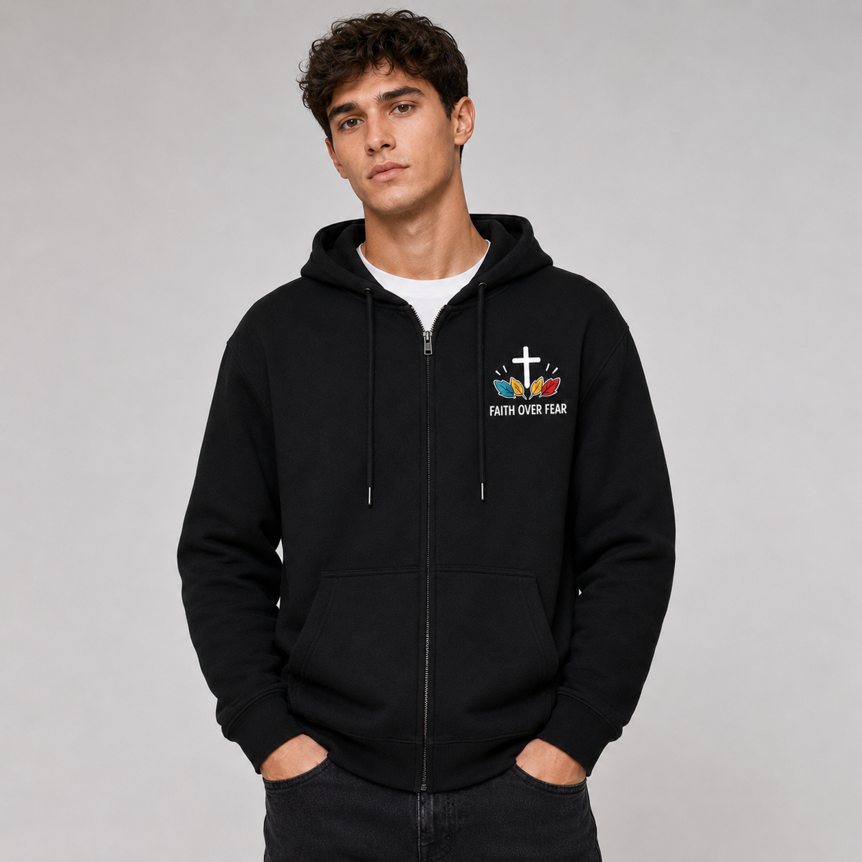 Faith Over Fear Lamb Cross Christian Fleece-Lined Full-Zip Hoodie