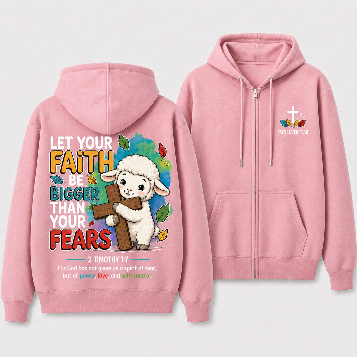 Faith Over Fear Lamb Cross Christian Fleece-Lined Full-Zip Hoodie