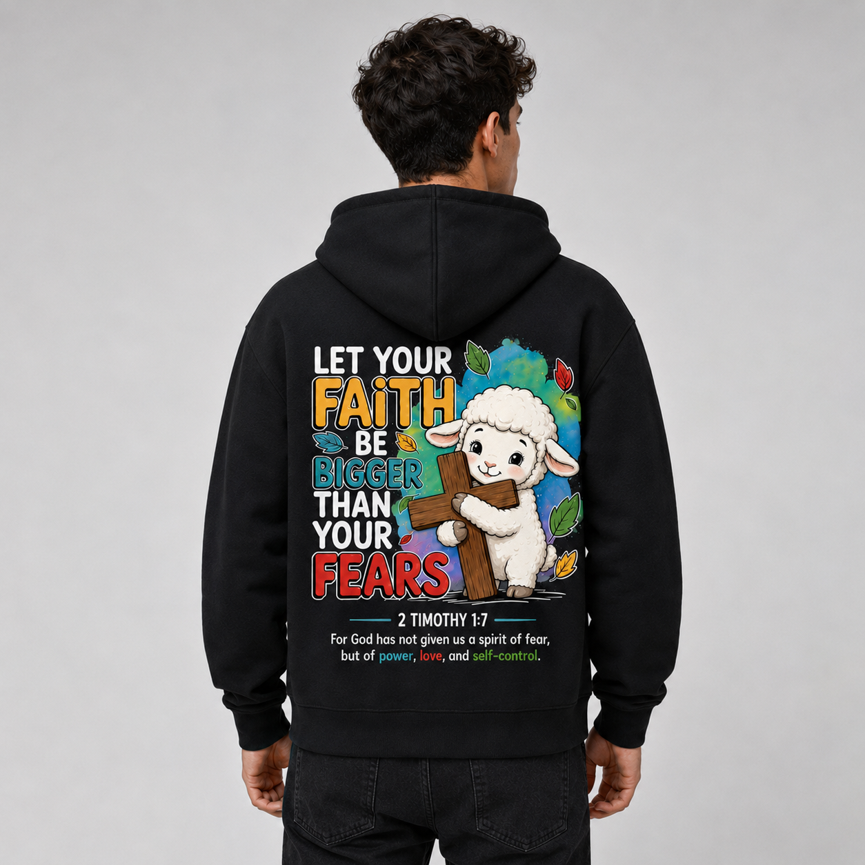 Faith Over Fear Lamb Cross Christian Fleece-Lined Full-Zip Hoodie