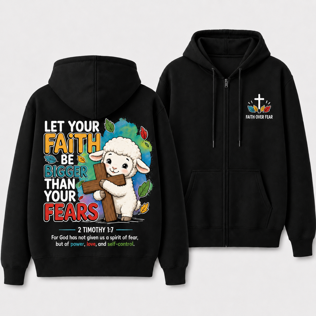 Faith Over Fear Lamb Cross Christian Fleece-Lined Full-Zip Hoodie