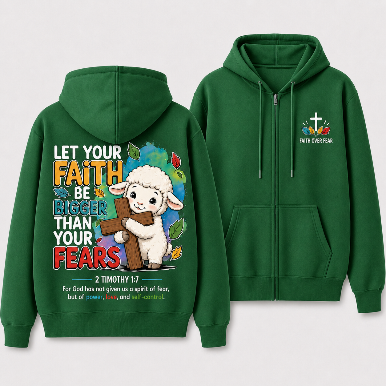 Faith Over Fear Lamb Cross Christian Fleece-Lined Full-Zip Hoodie