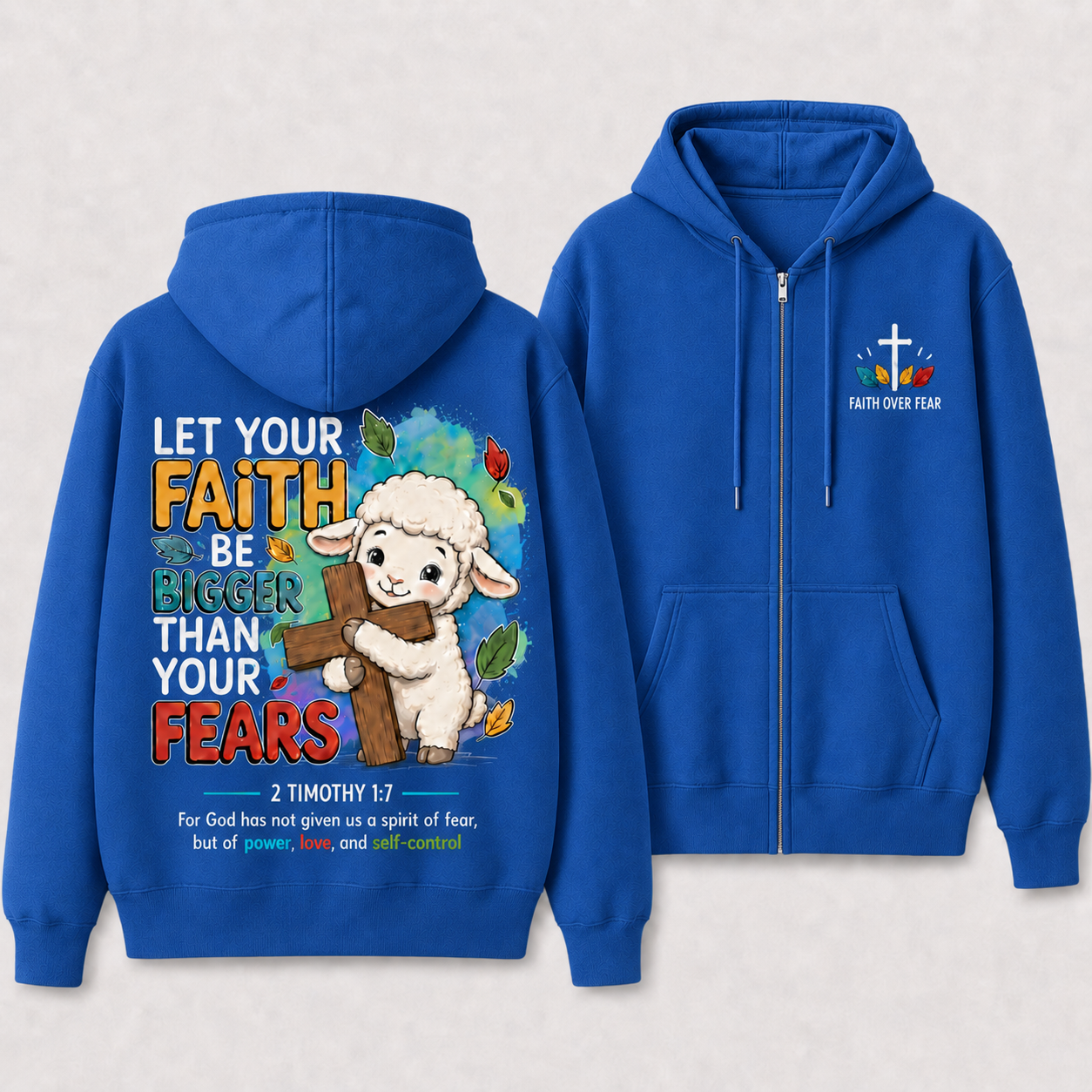Faith Over Fear Lamb Cross Christian Fleece-Lined Full-Zip Hoodie