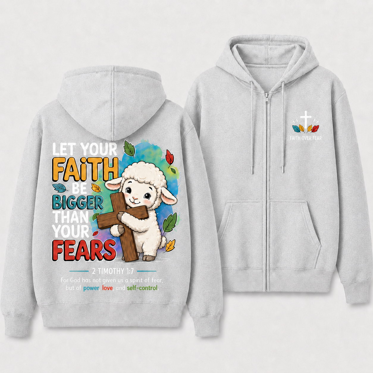 Faith Over Fear Lamb Cross Christian Fleece-Lined Full-Zip Hoodie