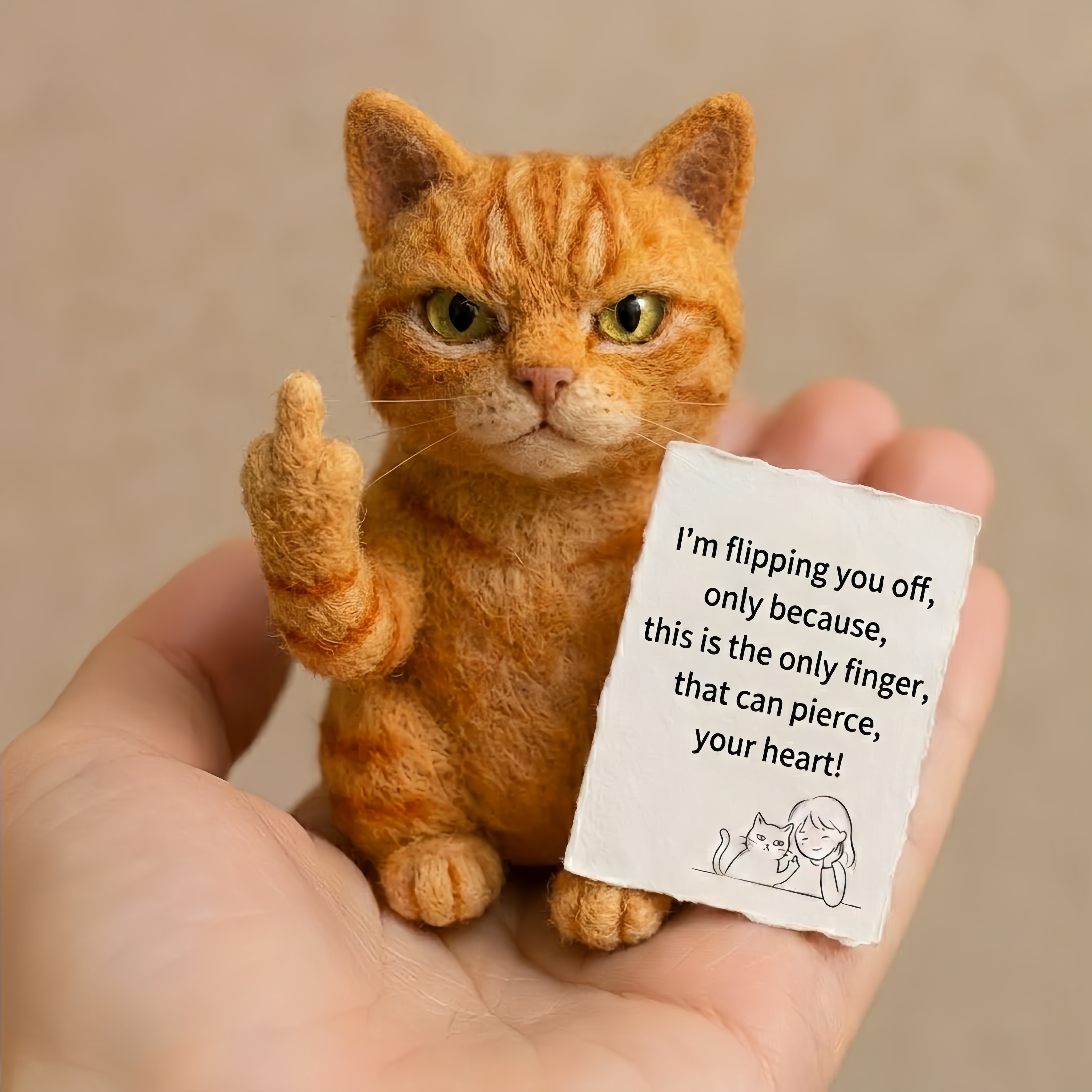 🖕🐾 Sassy "Middle Finger" Needle-Felted Cat Figurine