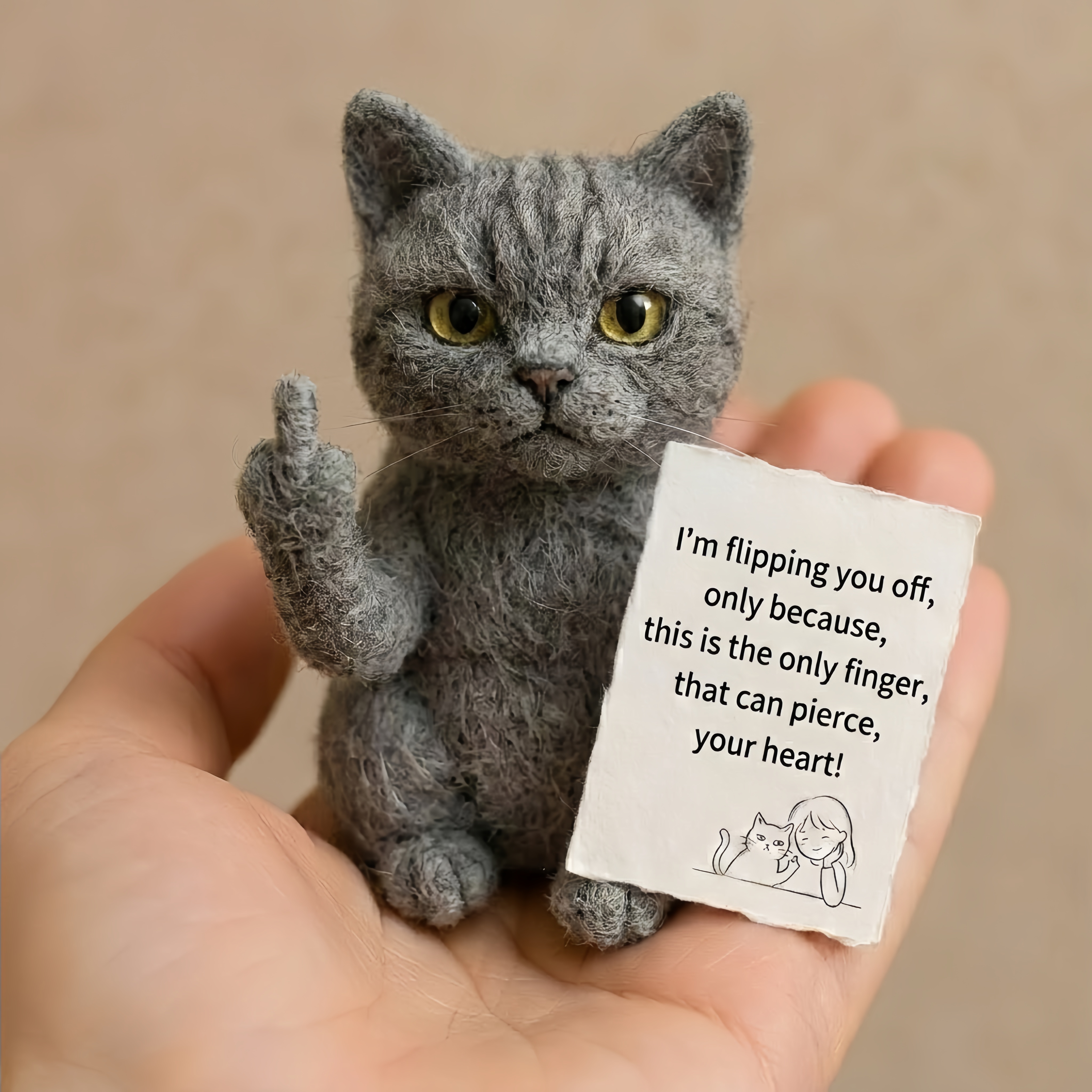 🖕🐾 Sassy "Middle Finger" Needle-Felted Cat Figurine