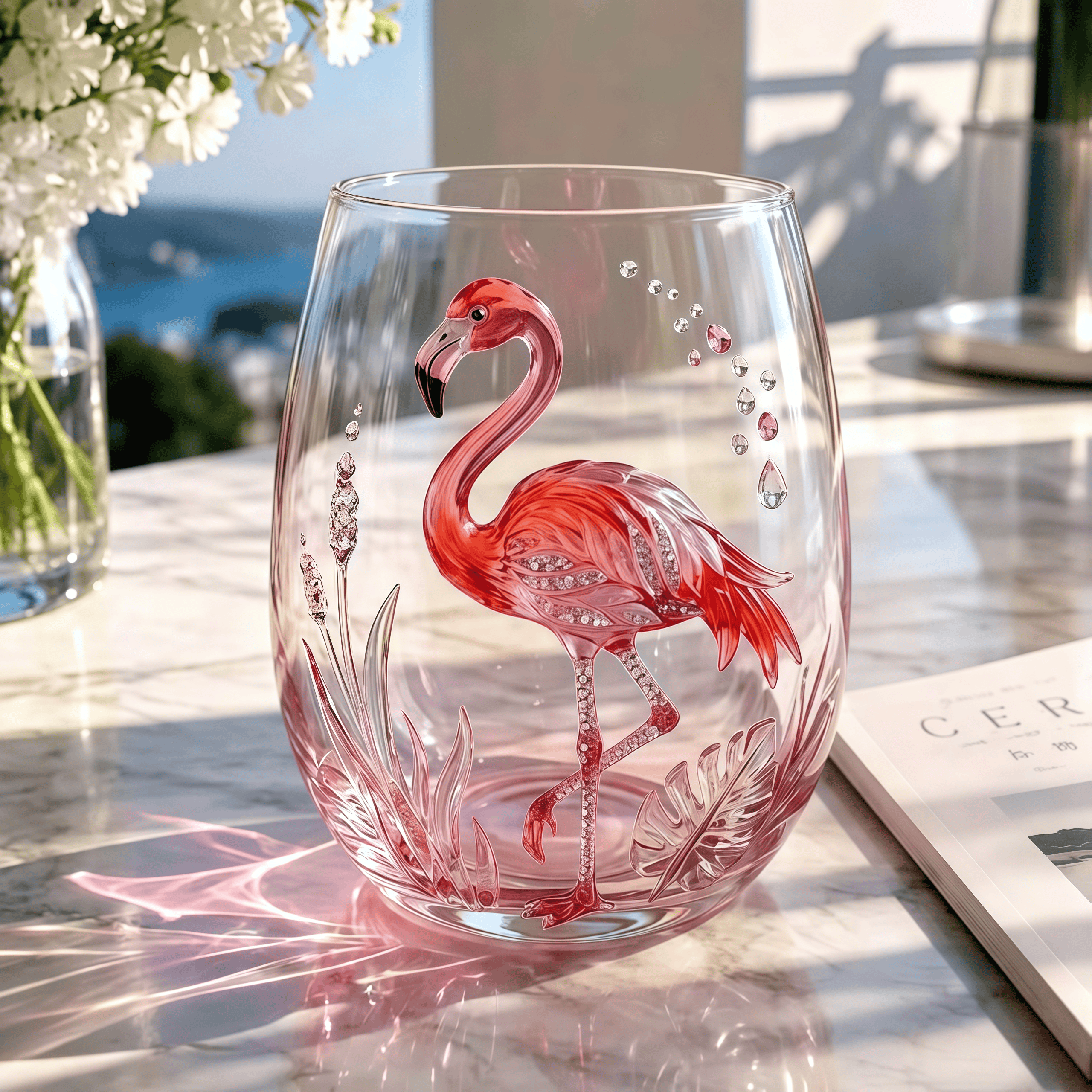 3D Embossed Flamingo Stemless Glass