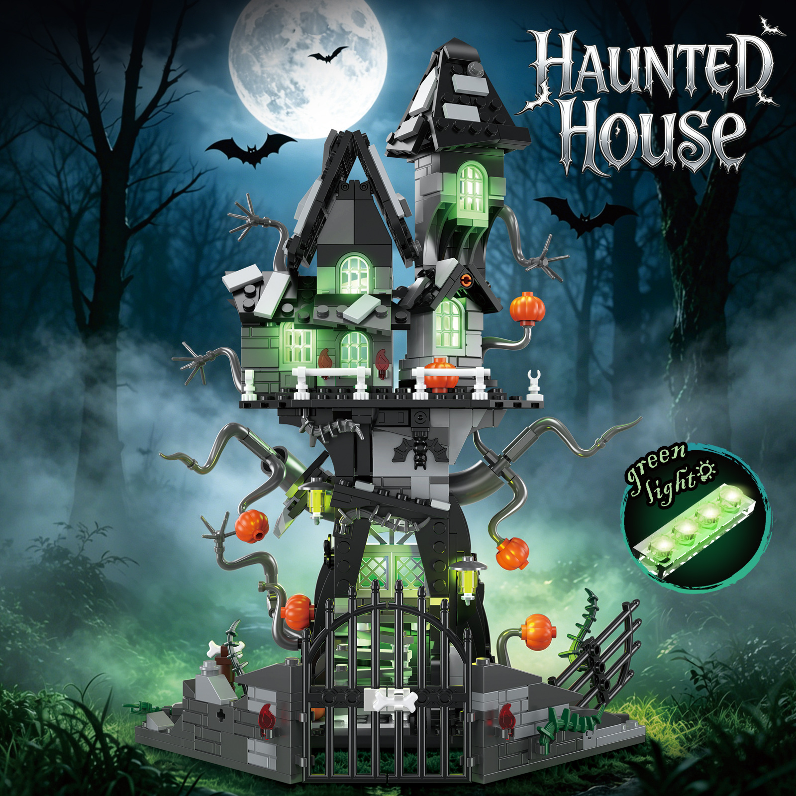 Spooky Green Light Haunted House Building Block Set