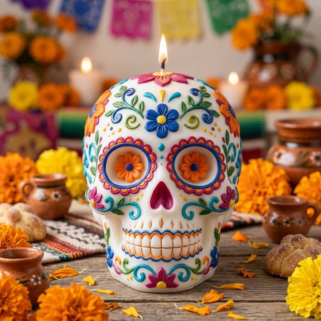 Colorful Día de los Muertos Sugar Skull Candle