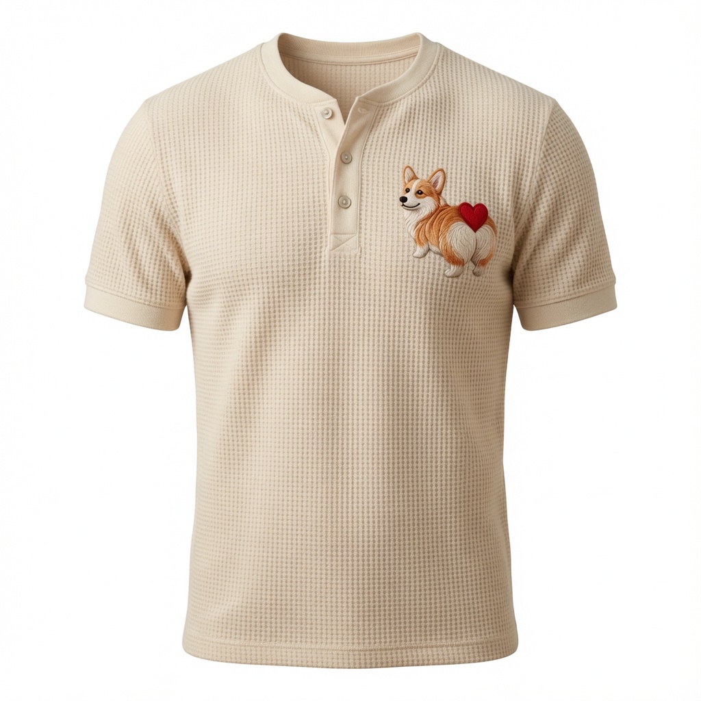  Corgi With Heart Henley Waffle T-Shirt
