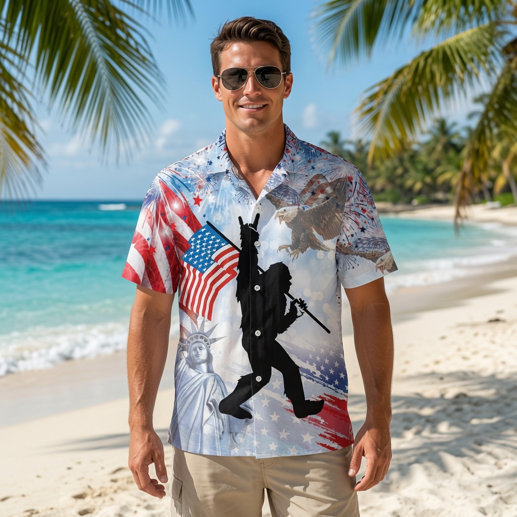 Men's Patriotic Bigfoot "Rock On" Hawaiian Shirt
