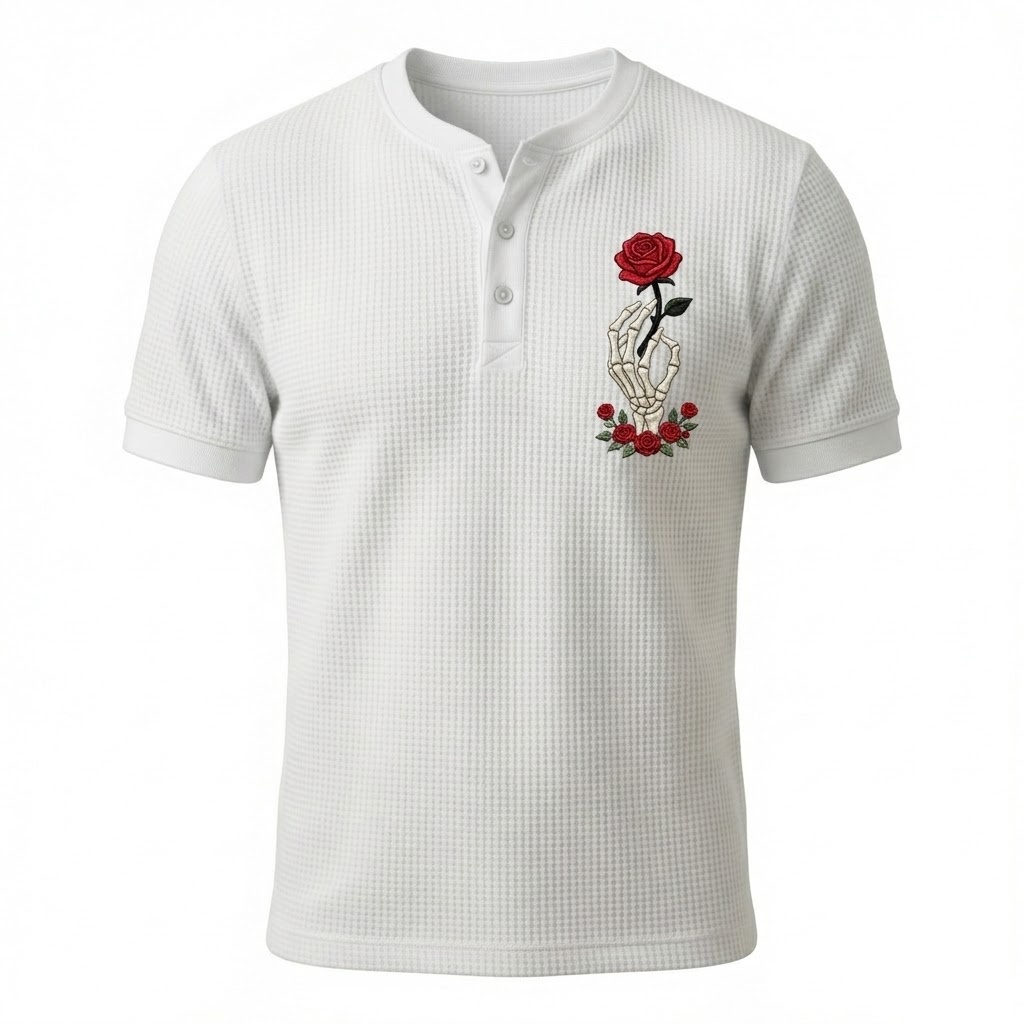 Skeleton Hand Rose Henley Waffle T-Shirt