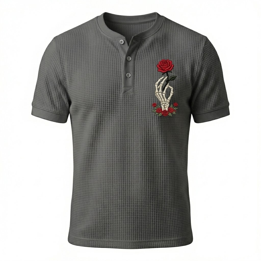 Skeleton Hand Rose Henley Waffle T-Shirt