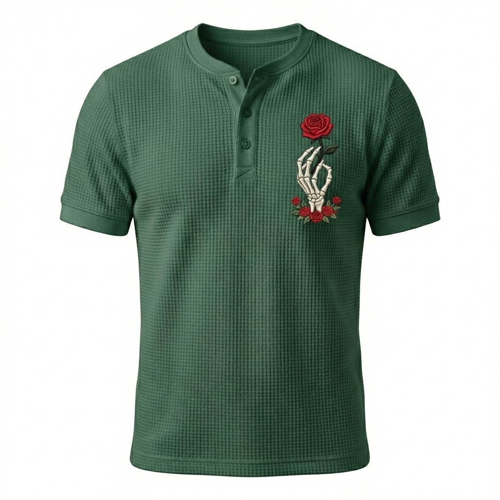 Skeleton Hand Rose Henley Waffle T-Shirt