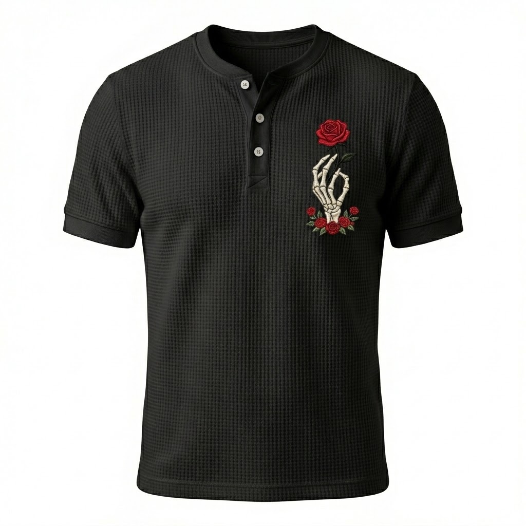 Skeleton Hand Rose Henley Waffle T-Shirt