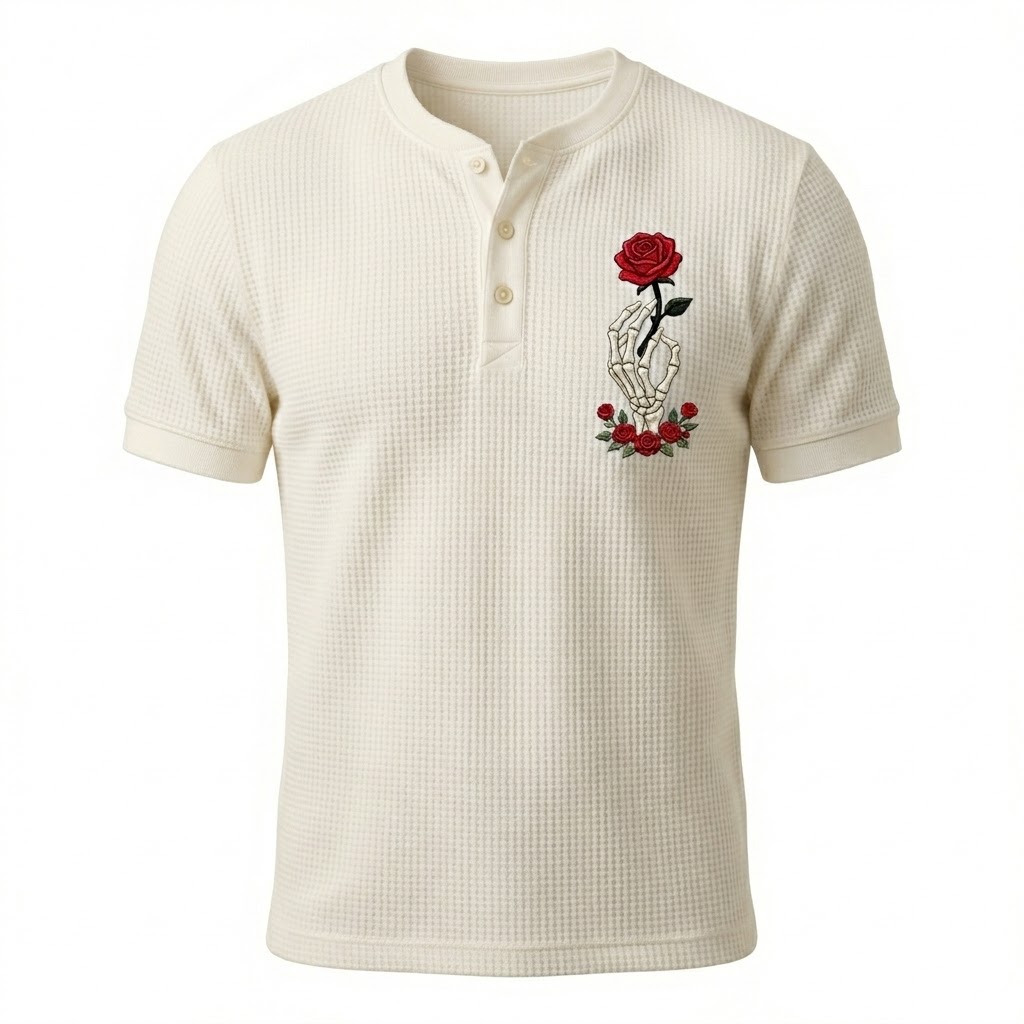 Skeleton Hand Rose Henley Waffle T-Shirt