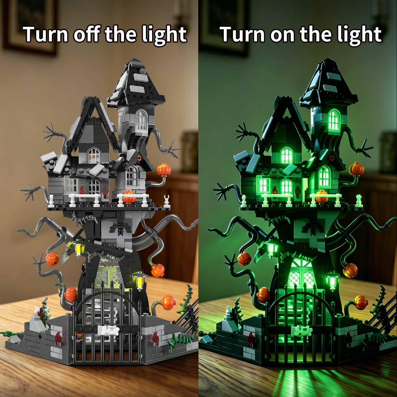 Spooky Green Light Haunted House Building Block Set
