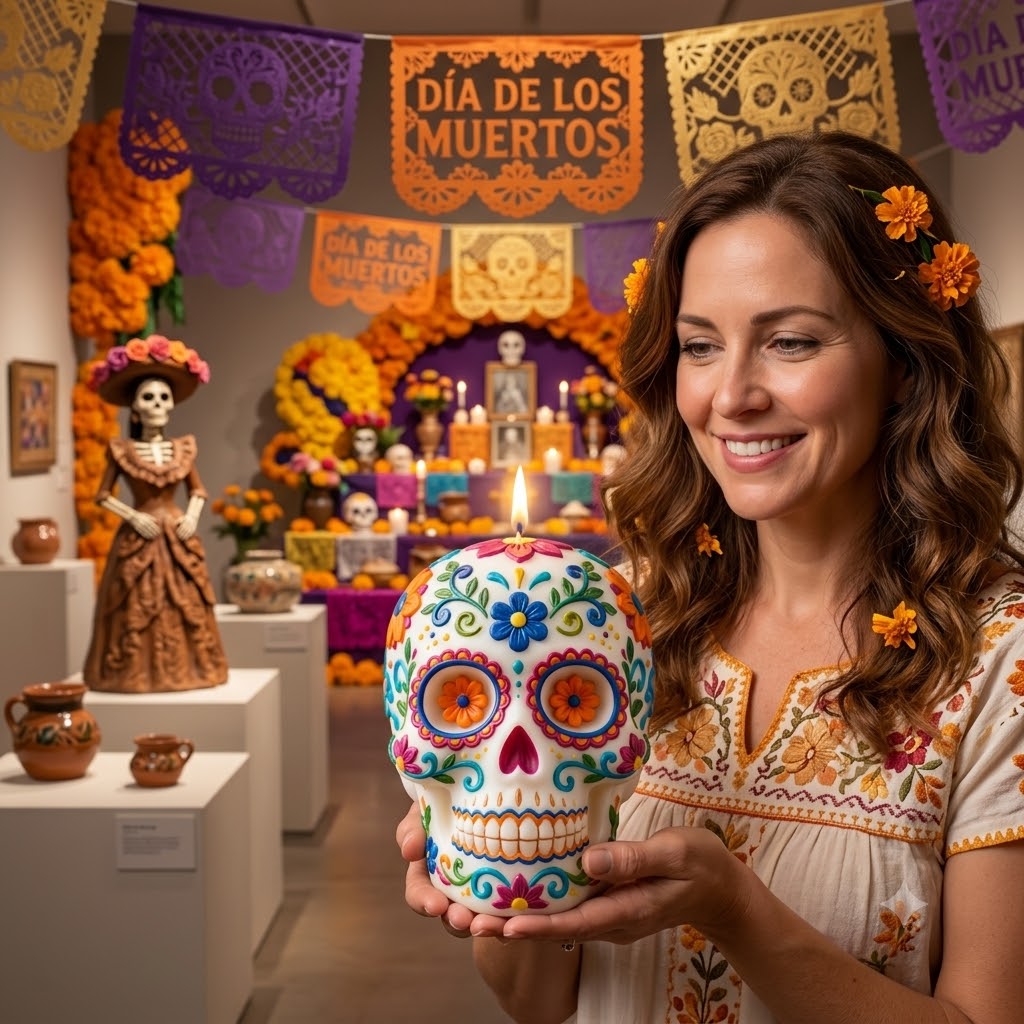Colorful Día de los Muertos Sugar Skull Candle