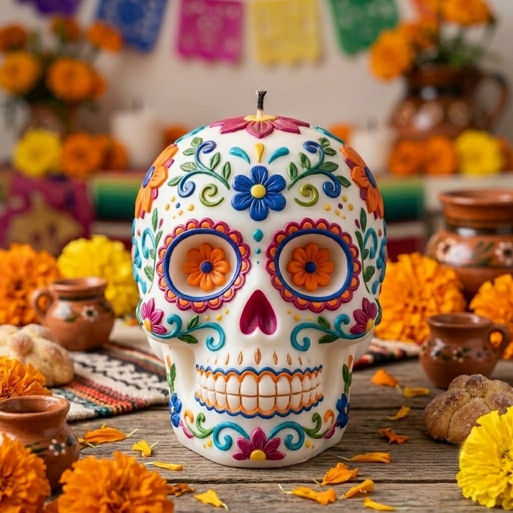 Colorful Día de los Muertos Sugar Skull Candle