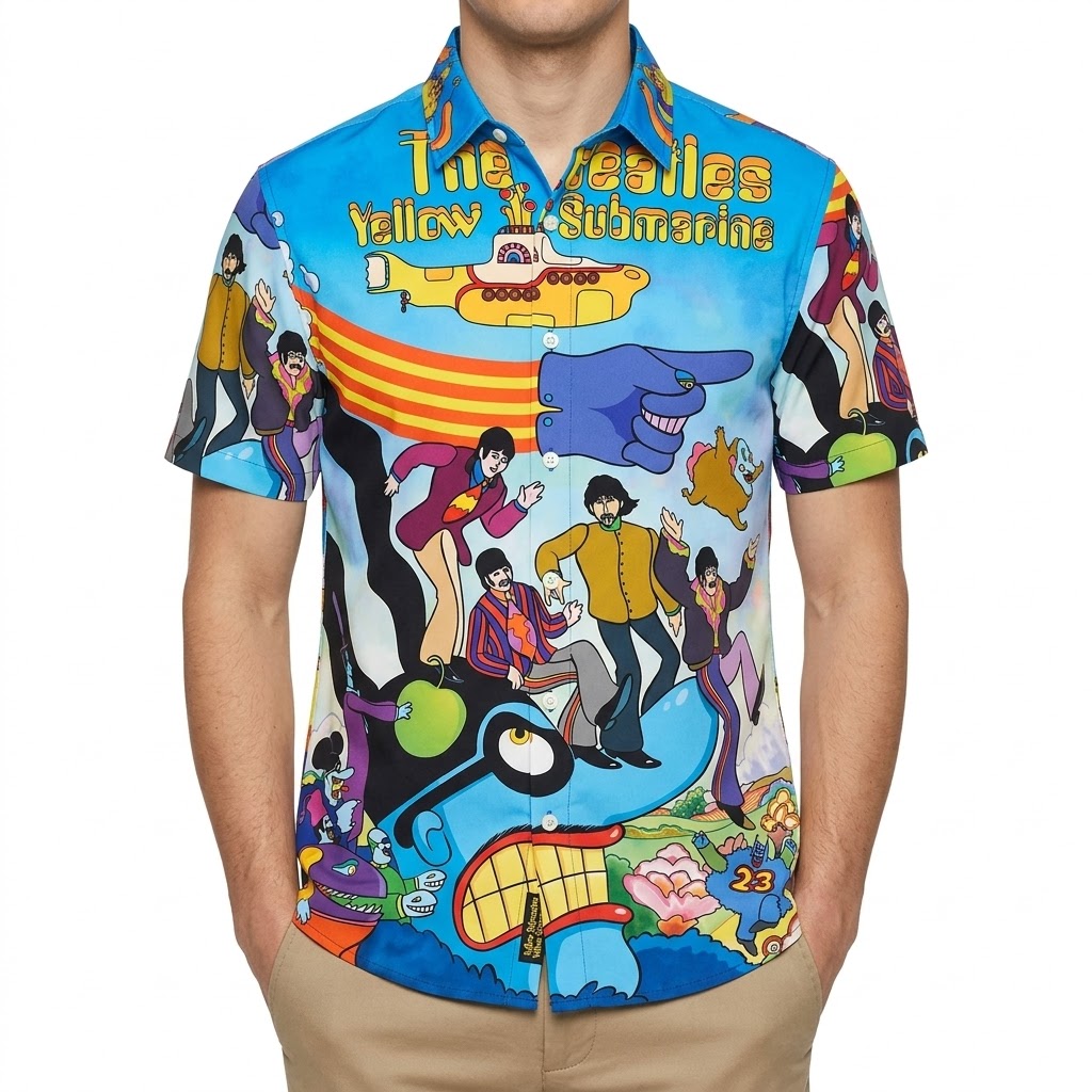 Retro Psychedelic Rock Art Print Short Sleeve Button-Down Shirt
