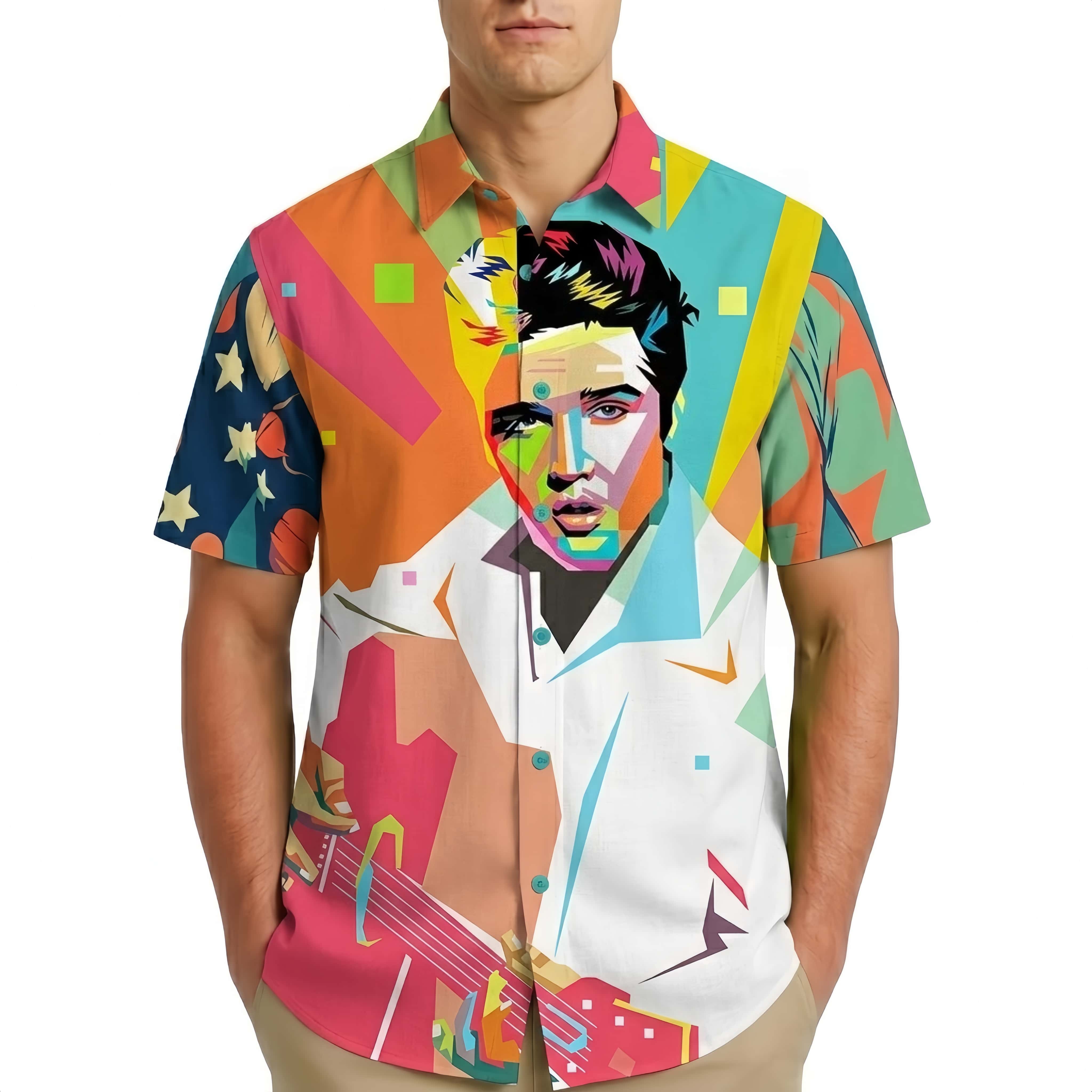 Men’s Graphic Button-Down Shirt – Retro Rock & Roll Legend Aesthetic