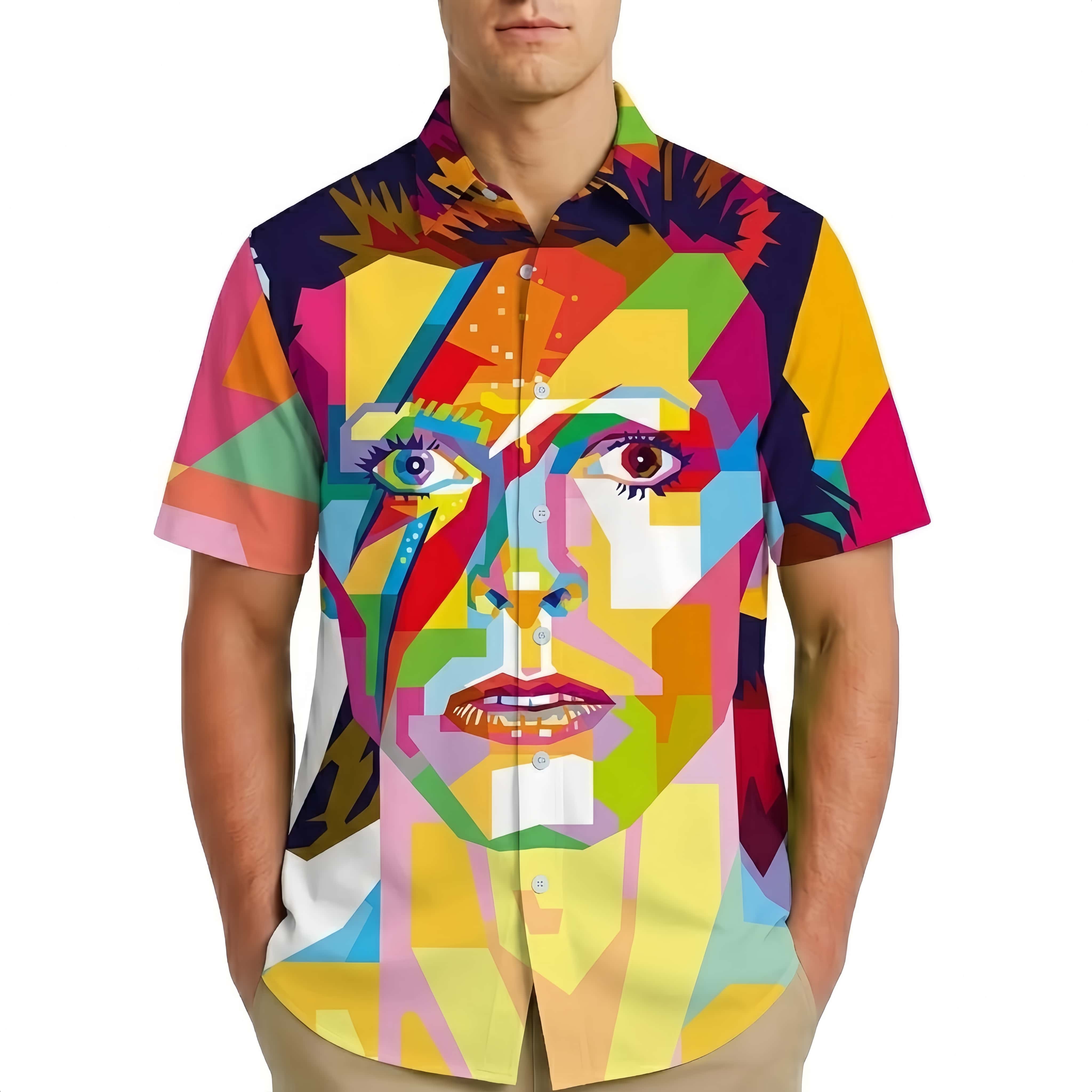 Men’s Graphic Printed Short Sleeve Button-Down Shirt – Vintage Rock & Roll Style
