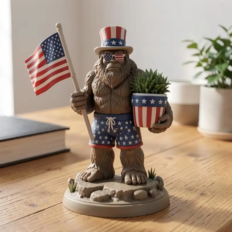 Patriotic Sasquatch Desktop Planter Statue