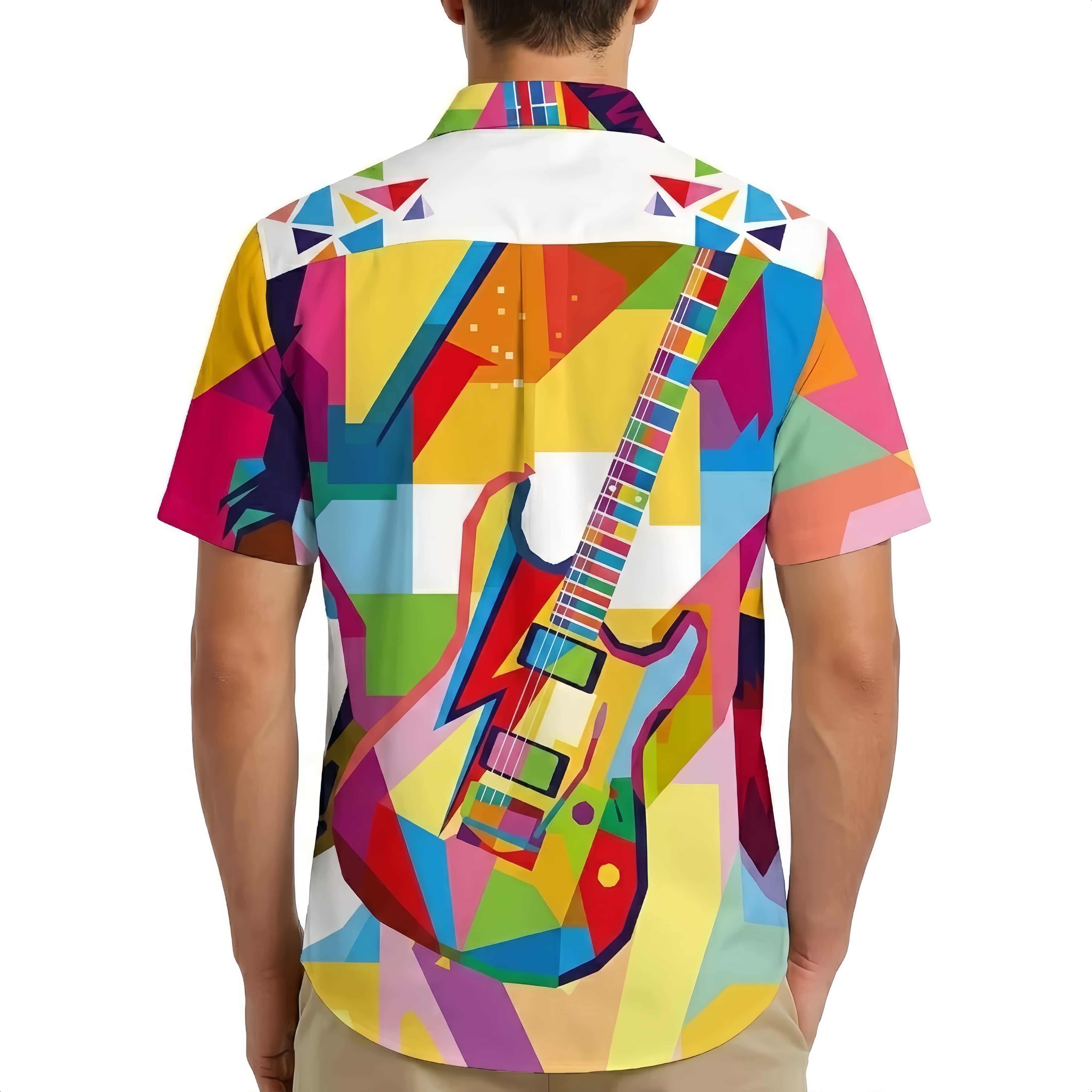 Men’s Graphic Printed Short Sleeve Button-Down Shirt – Vintage Rock & Roll Style