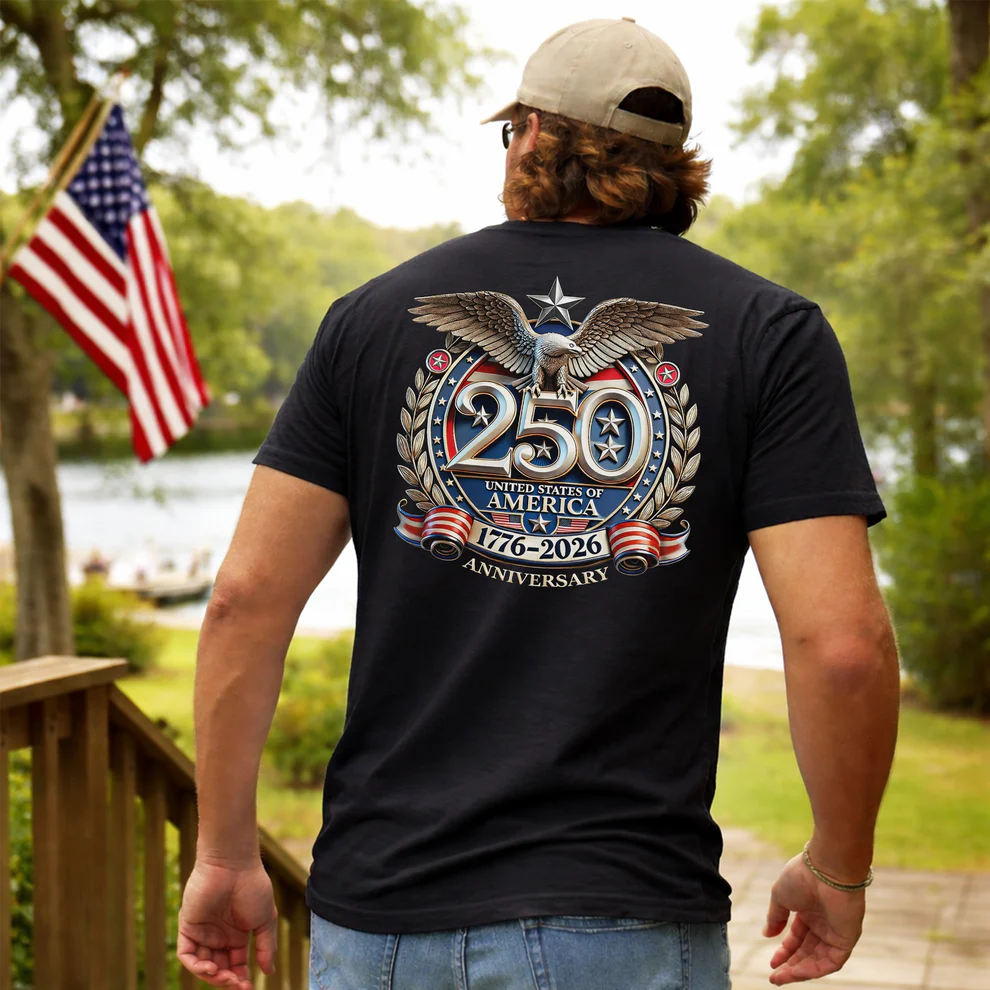 American Flag Freedom Shirt – USA 250th Anniversary Eagle Back Design, Unisex Patriotic Tee