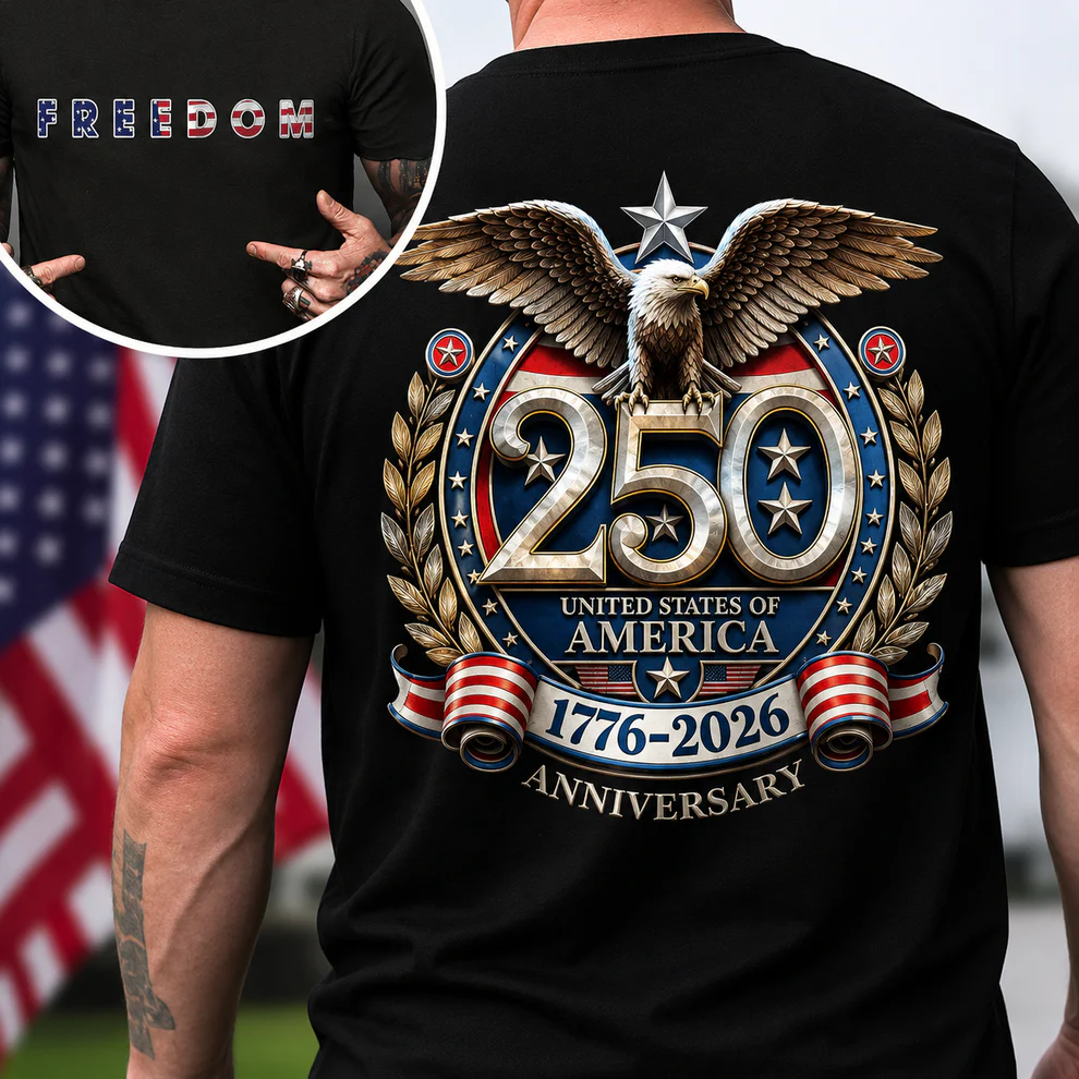 American Flag Freedom Shirt – USA 250th Anniversary Eagle Back Design, Unisex Patriotic Tee