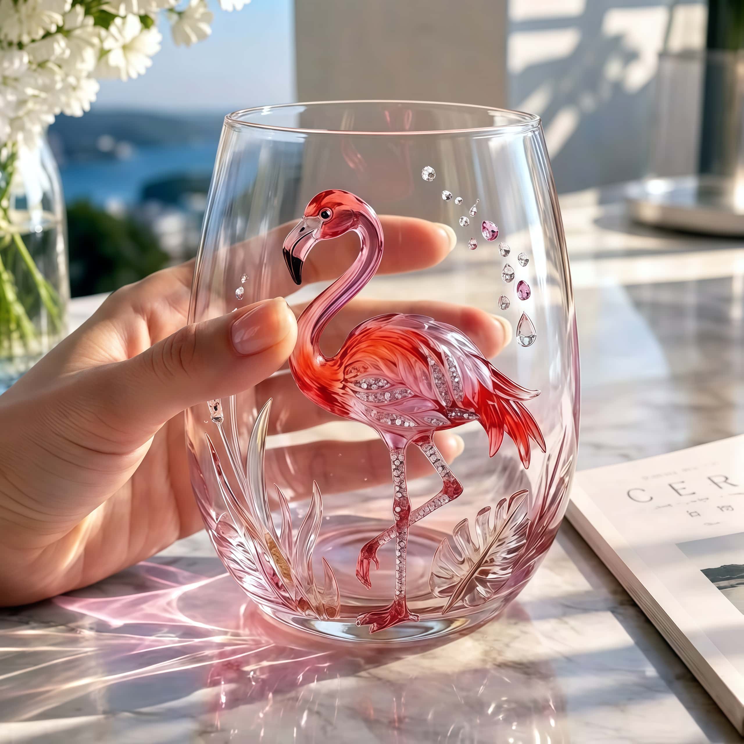 3D Embossed Flamingo Stemless Glass
